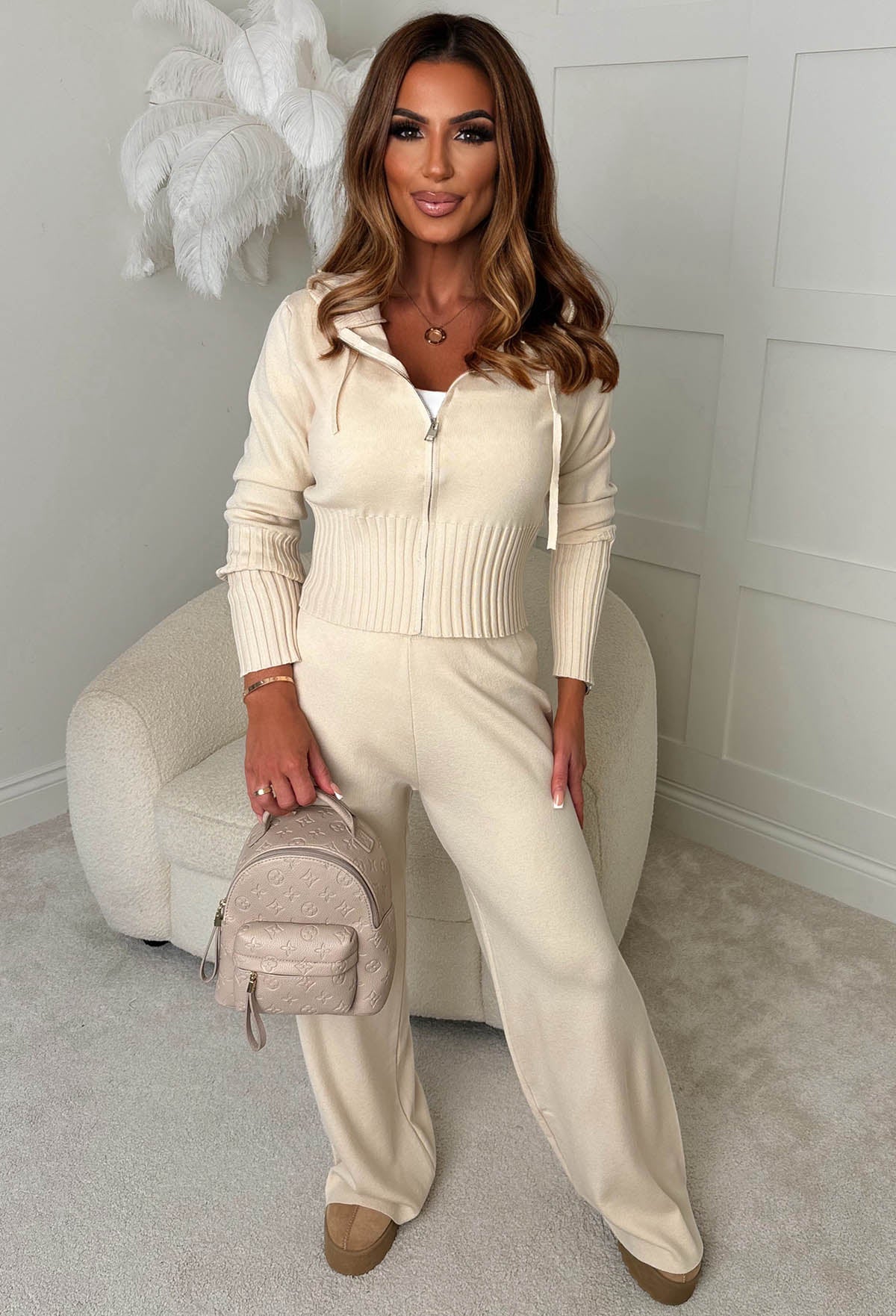 Kassie Cream Rib Knit Zip Up Hoodie - Image 2