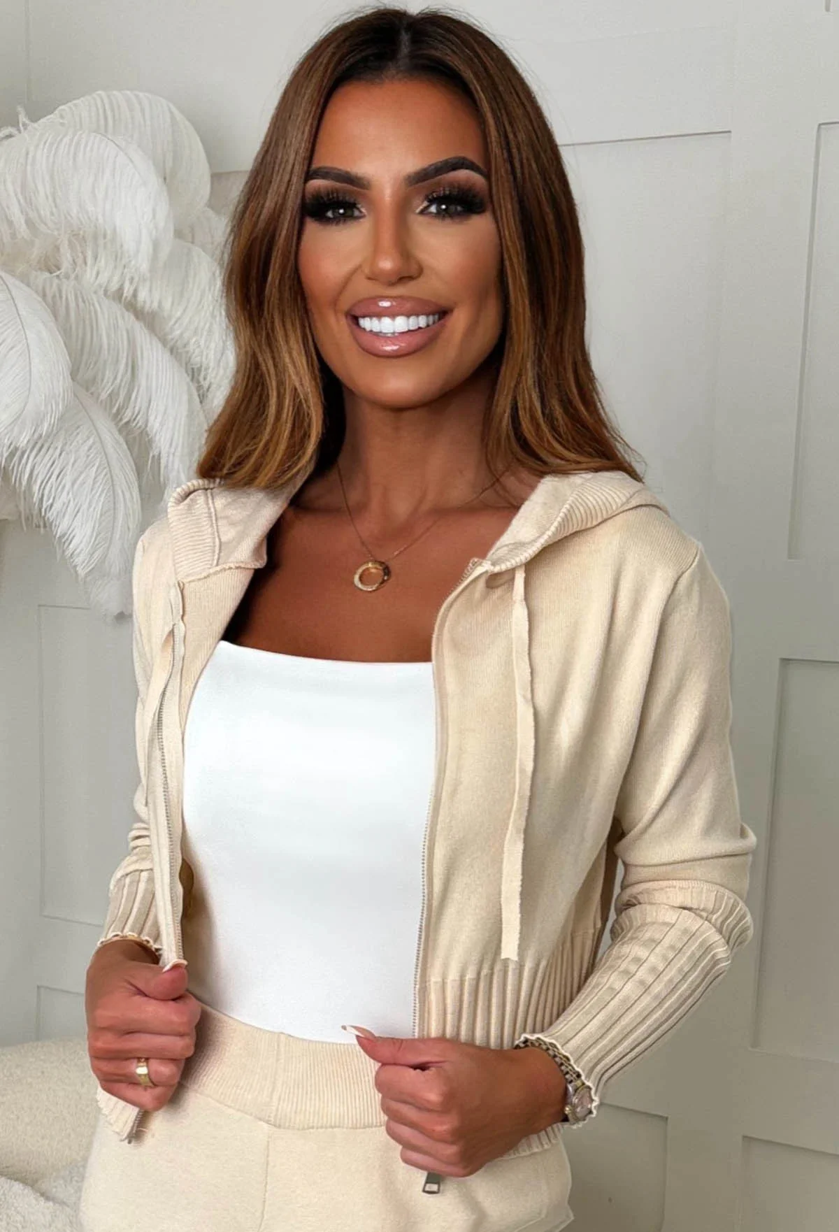 Kassie Cream Rib Knit Zip Up Hoodie - Image 3