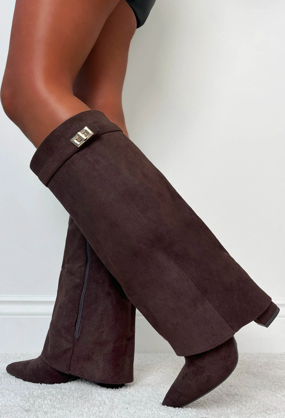 Keep It A Secret Brown Faux Suede Fold Over Knee High Lock Shark Boots - Image 2