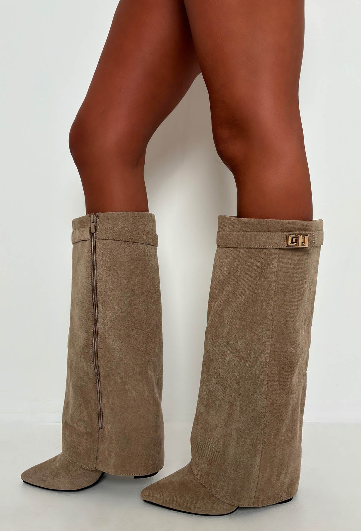 Keep It A Secret Taupe Faux Suede Fold Over Knee High Lock Shark Boots - Image 2
