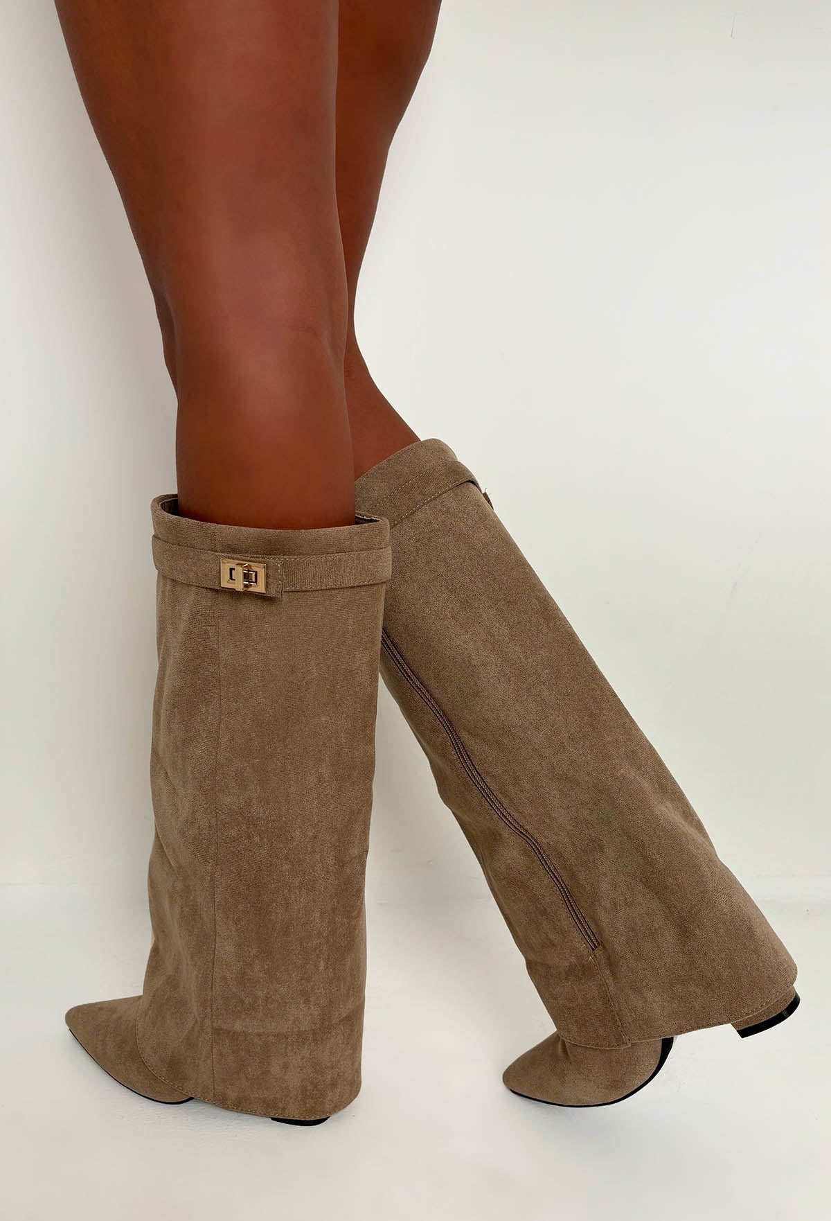 Keep It A Secret Taupe Faux Suede Fold Over Knee High Lock Shark Boots - Image 3
