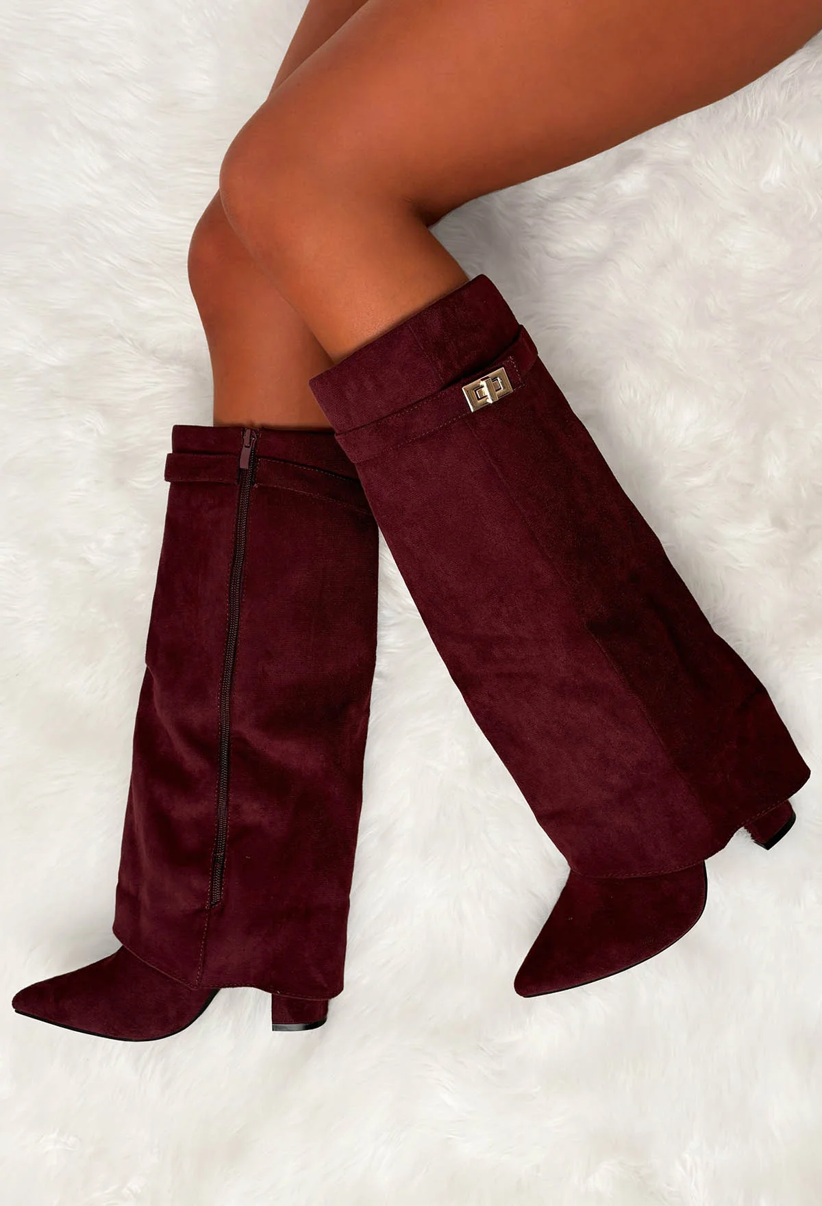 Keep It A Secret Wine Faux Suede Fold Over Knee High Lock Shark Boots - Image 4