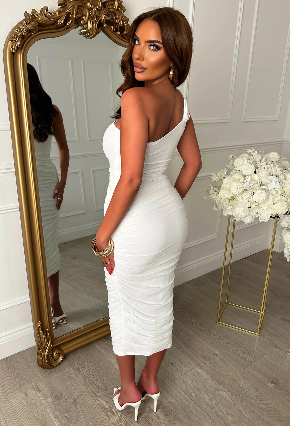 Kenzie White One Shoulder Mesh Ruched Dress - Image 2