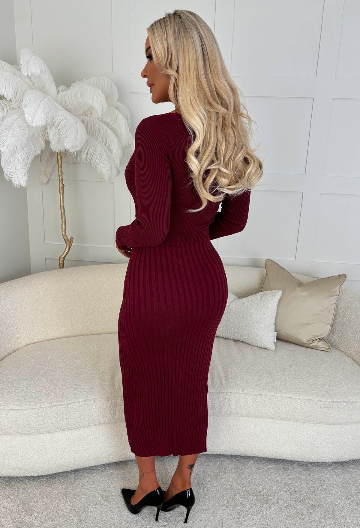 Kimmy Wine Rib Knit Button Detail Midi Dress - Image 2