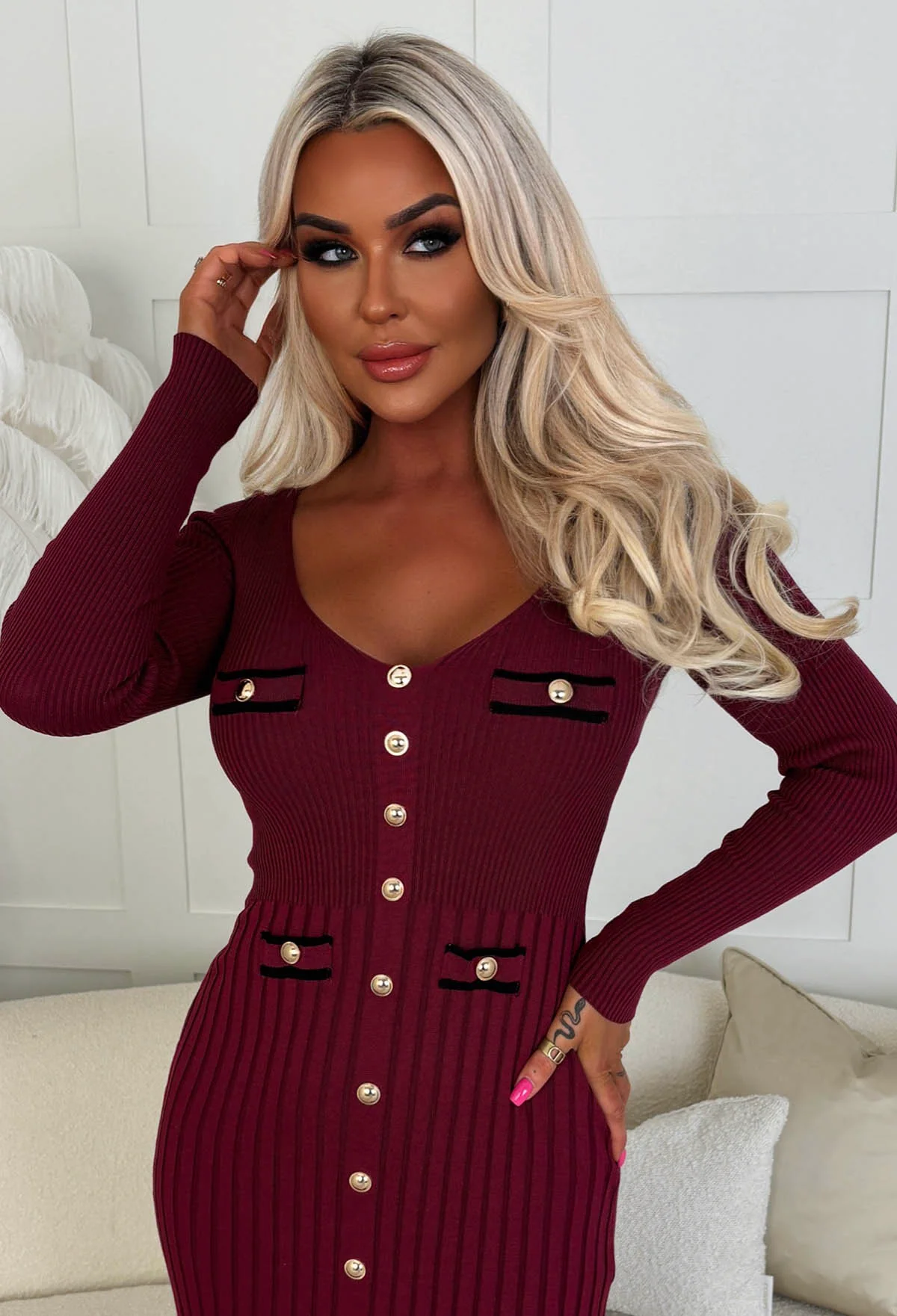 Kimmy Wine Rib Knit Button Detail Midi Dress - Image 3