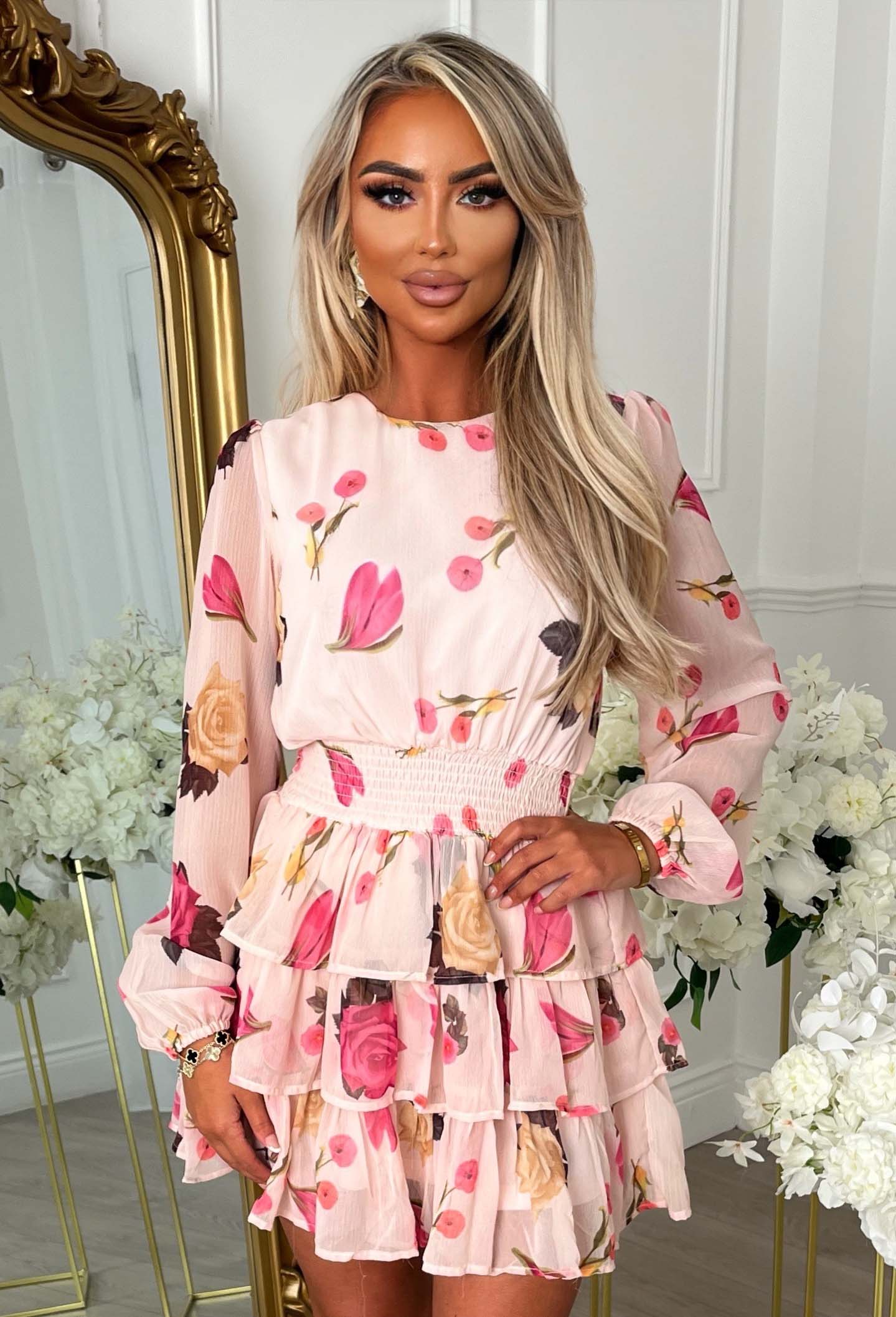 Kissed By Cala Bassa Baby Pink Rose Print Long Sleeve Ra Ra Mini Dress - Image 3