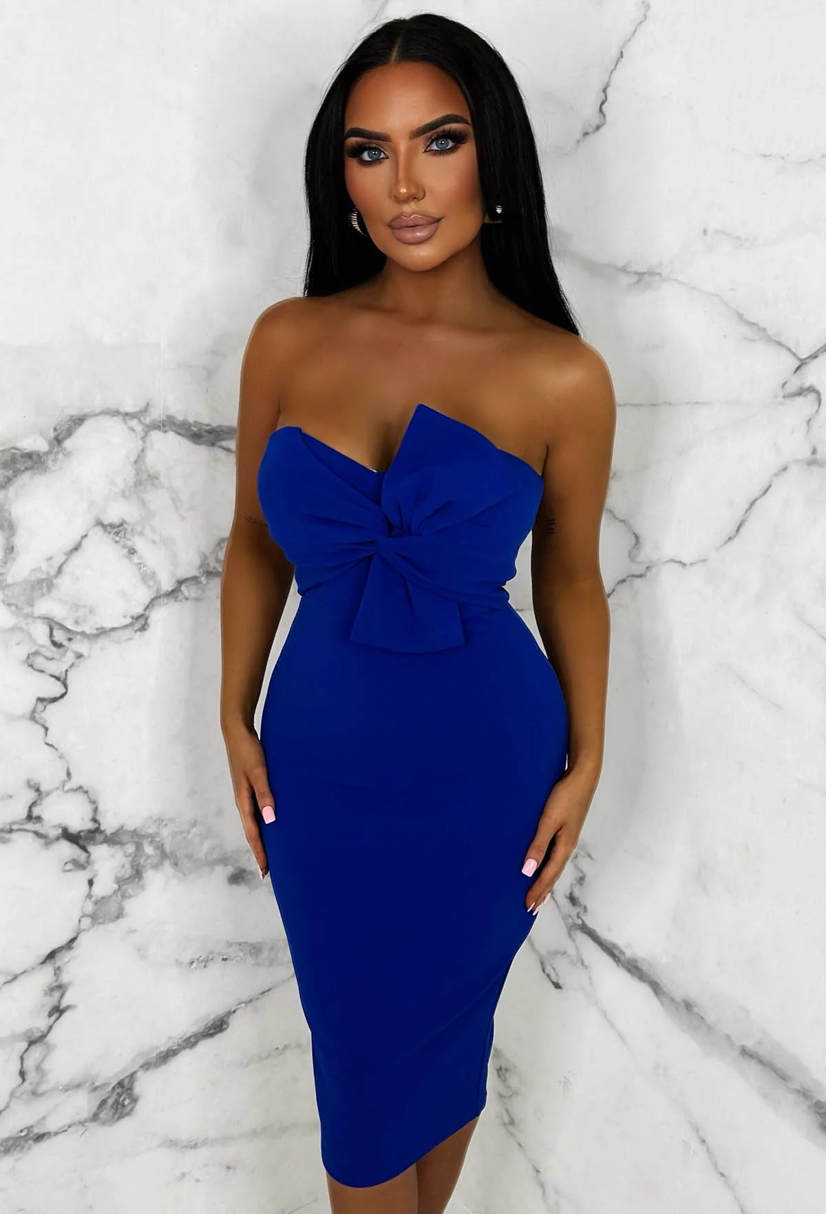 Knot Your Baby Cobalt Twist Front Bandeau Stretch Midi Dress - Image 3