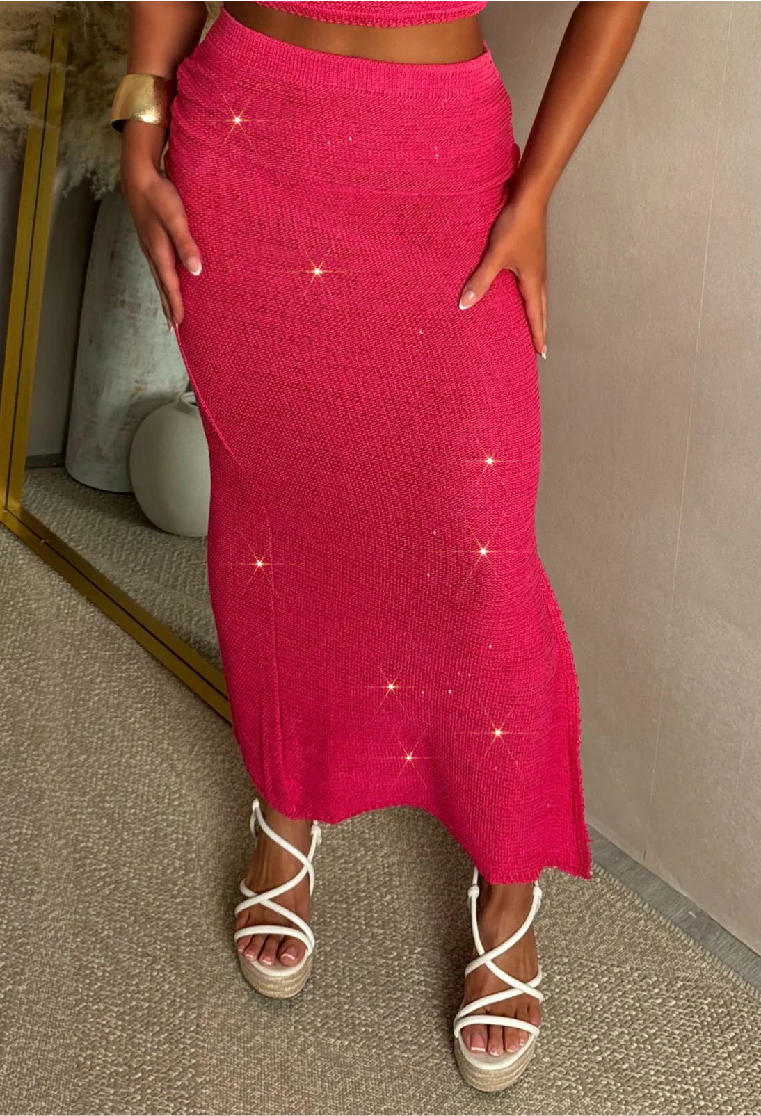 Knowing You Hot Pink Ruched Maxi Knitted Sequin Skirt - Image 5