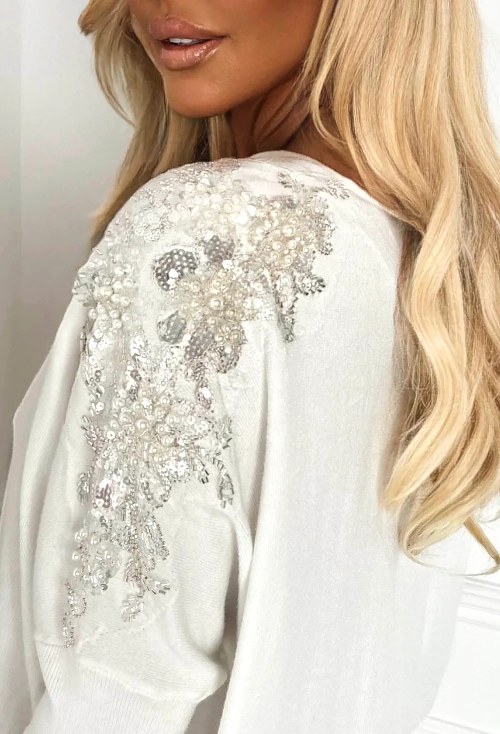 Kourtney Cream Embellished Sleeve V-Neck Jumper - Image 4