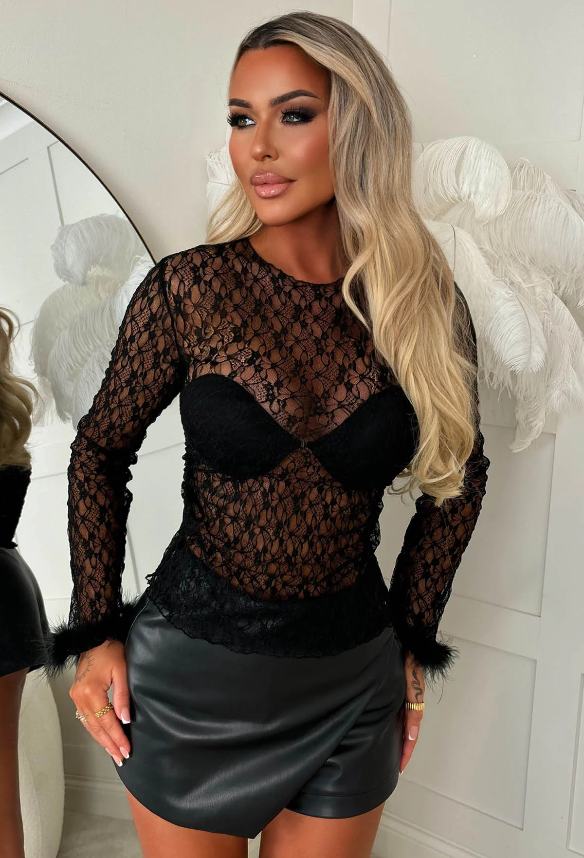 Lace And Luxe Black Lace Feather Cuff Top - Image 4