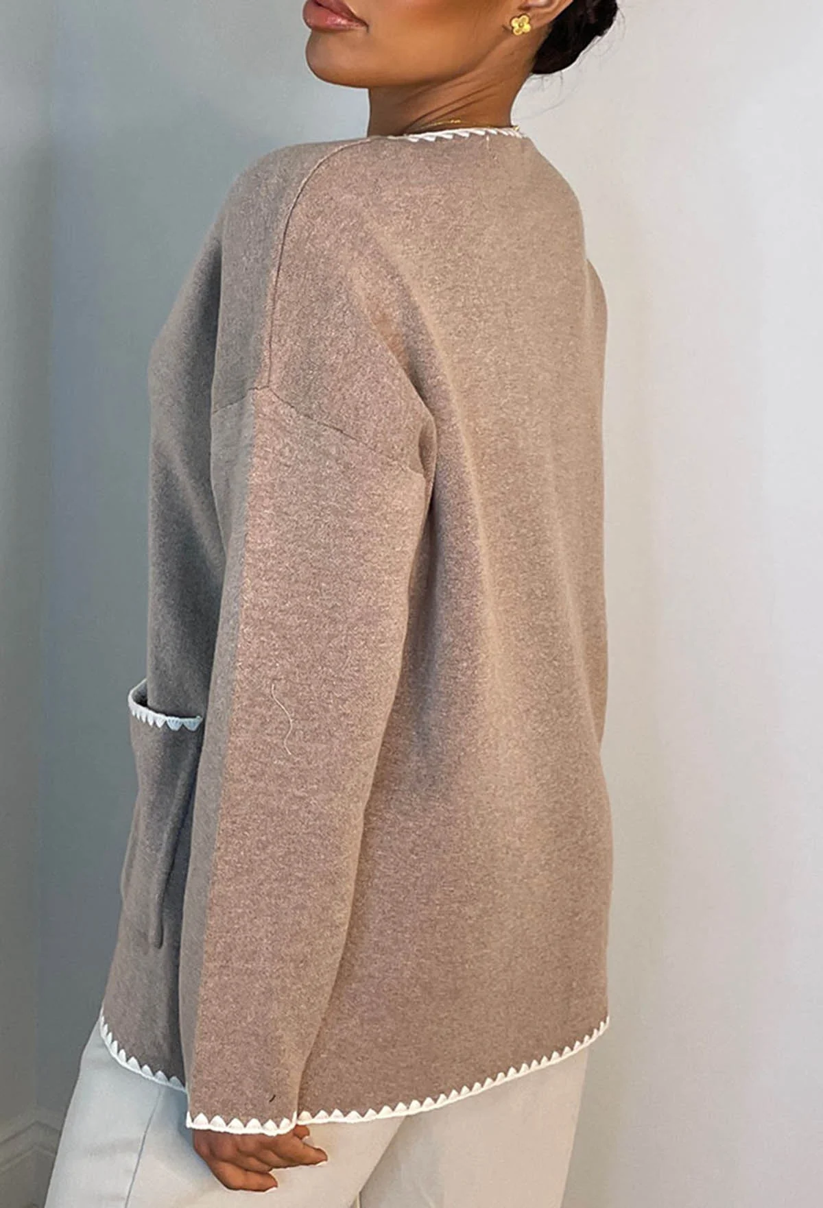 Lavish Bliss Taupe Ultra Soft Contrast Trim Cardigan - Image 2
