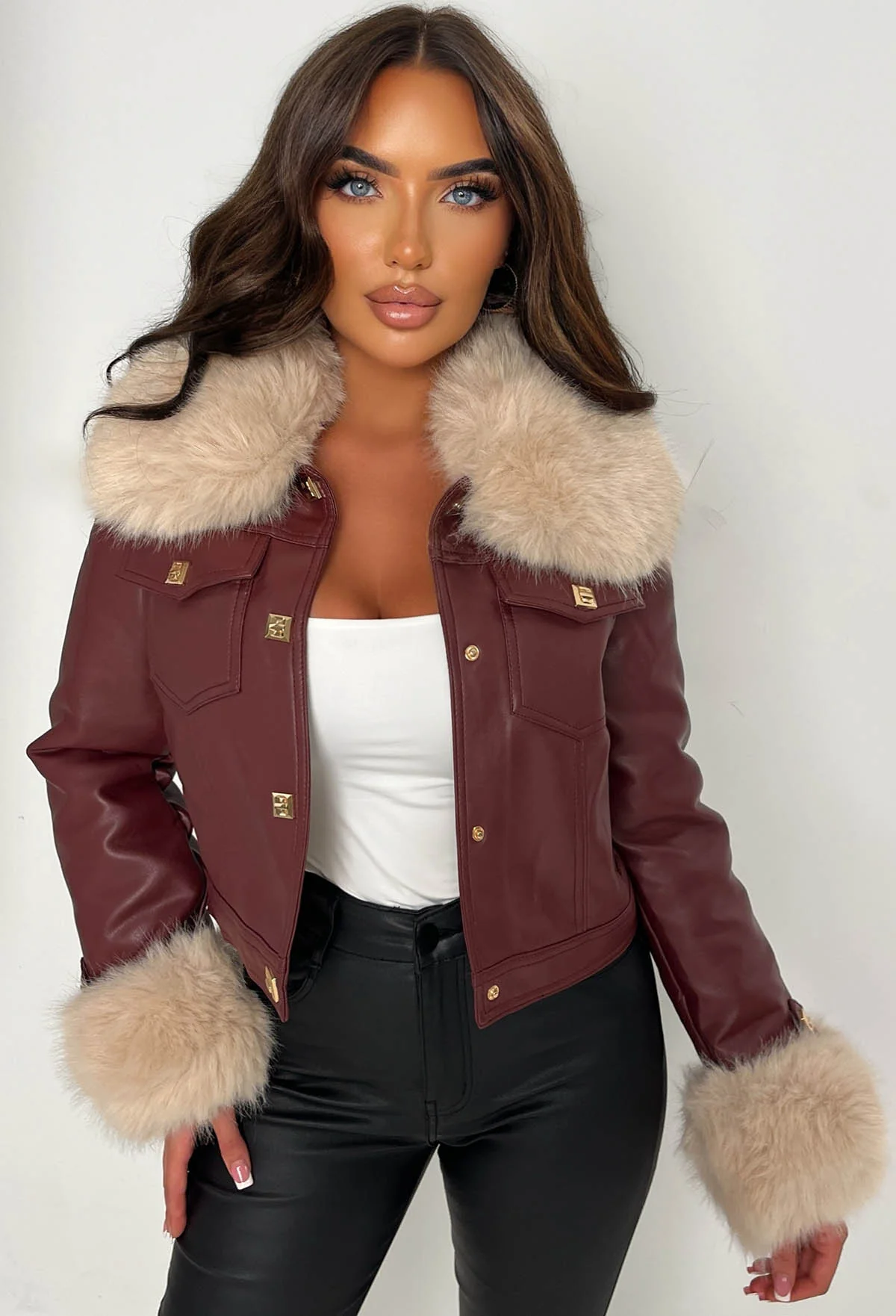 Leather & Luxe Burgundy Faux Leather Fur Collar Cropped Jacket - Image 5