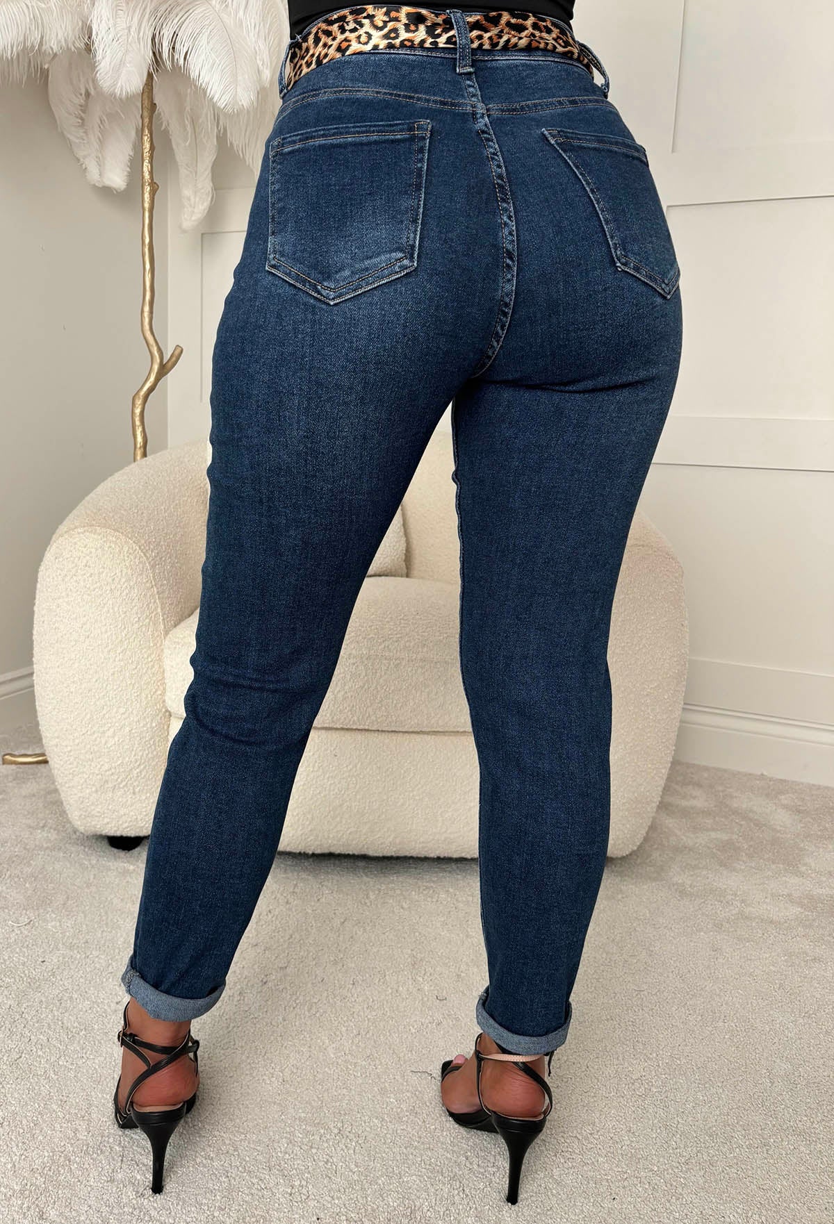 Leopard Illusion Dark Blue Mom Turn Up Stretch Jean With Leopard Print Belt - Image 3