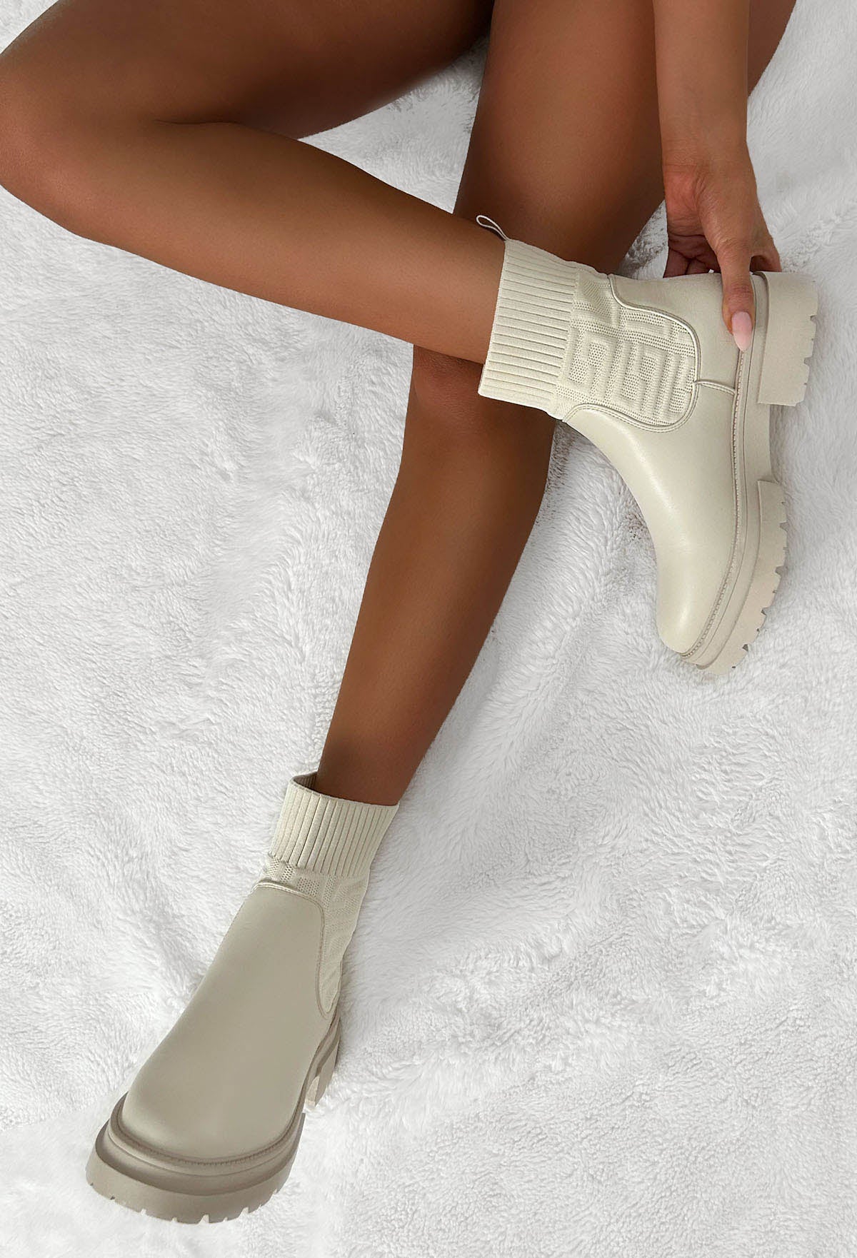Life Like Mine Cream Patterned Knit Sock Boots - Image 3