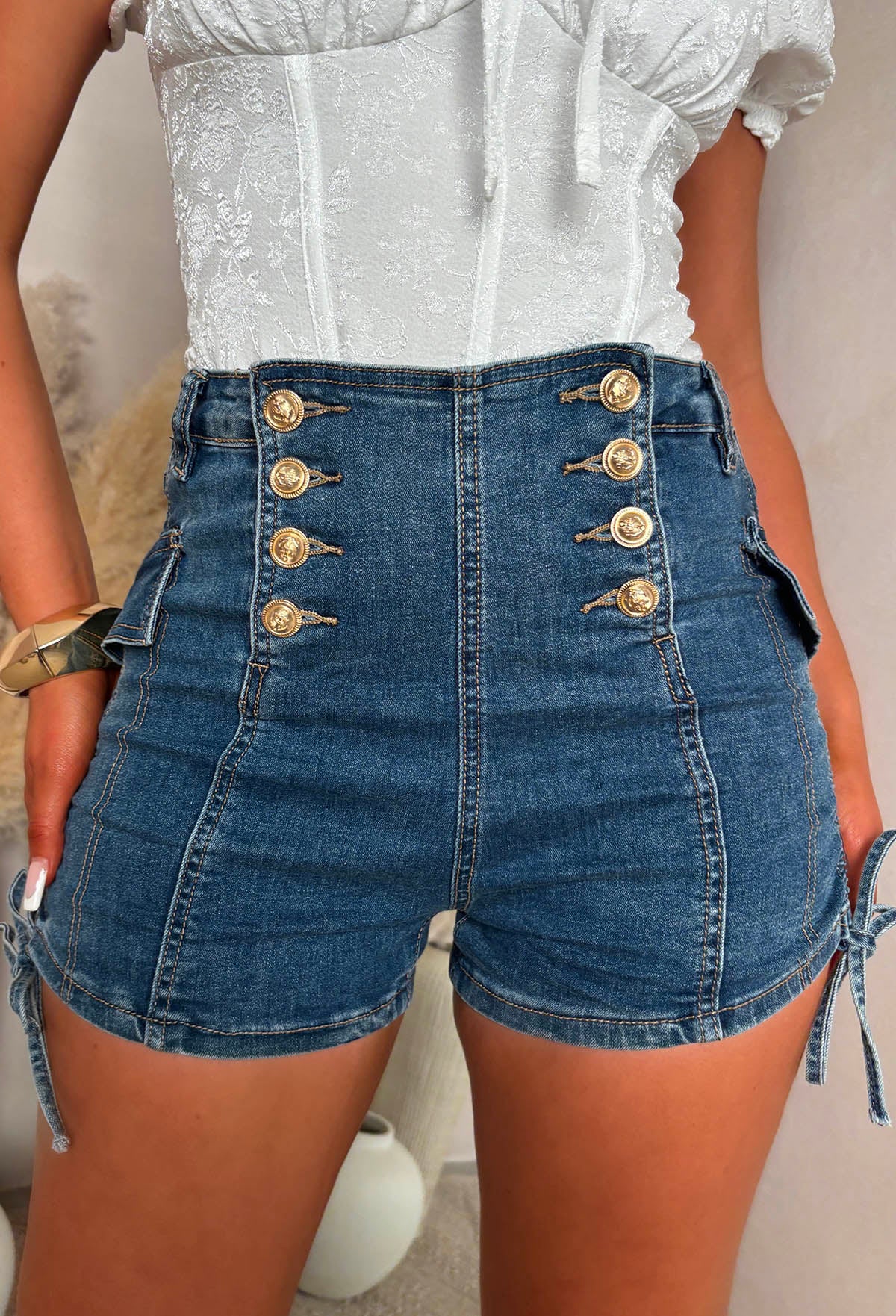 Lili Mid Wash Stretch Denim Gold Button Shorts - Image 2