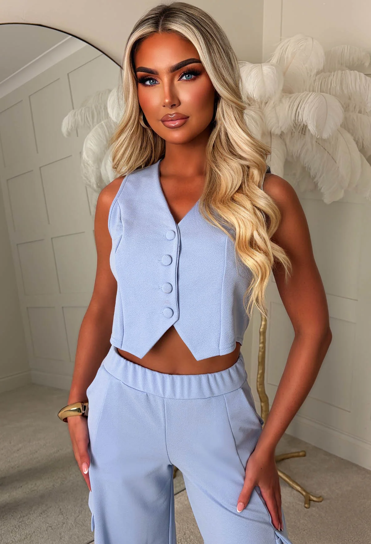 Lined Up For More Baby Blue Waistcoat & Cargo Trouser Co-Ord Set - Image 3