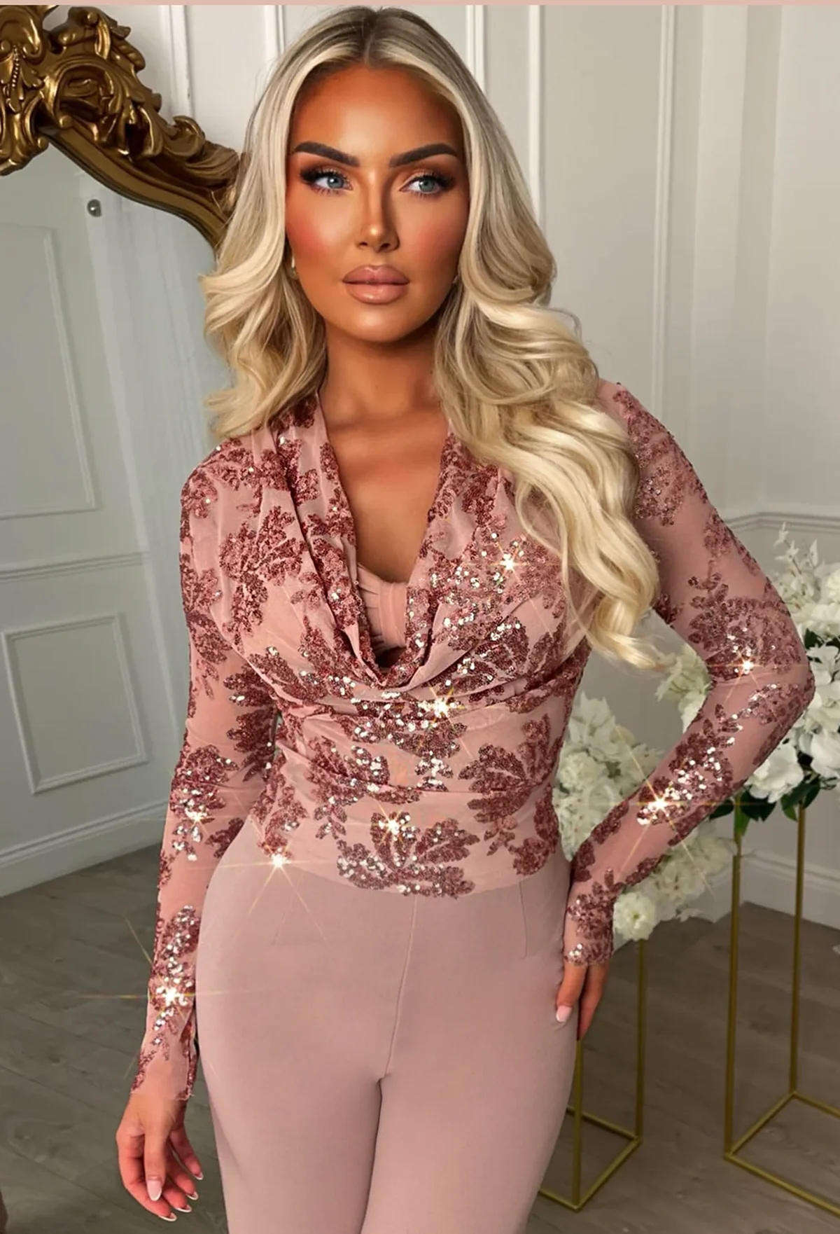 Liquid Luxe Pink Sequin Draped Cowl Neck Top - Image 4