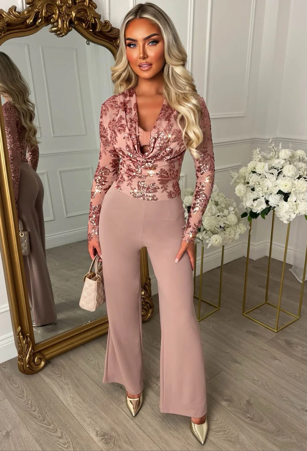 Liquid Luxe Pink Sequin Draped Cowl Neck Top - Image 7