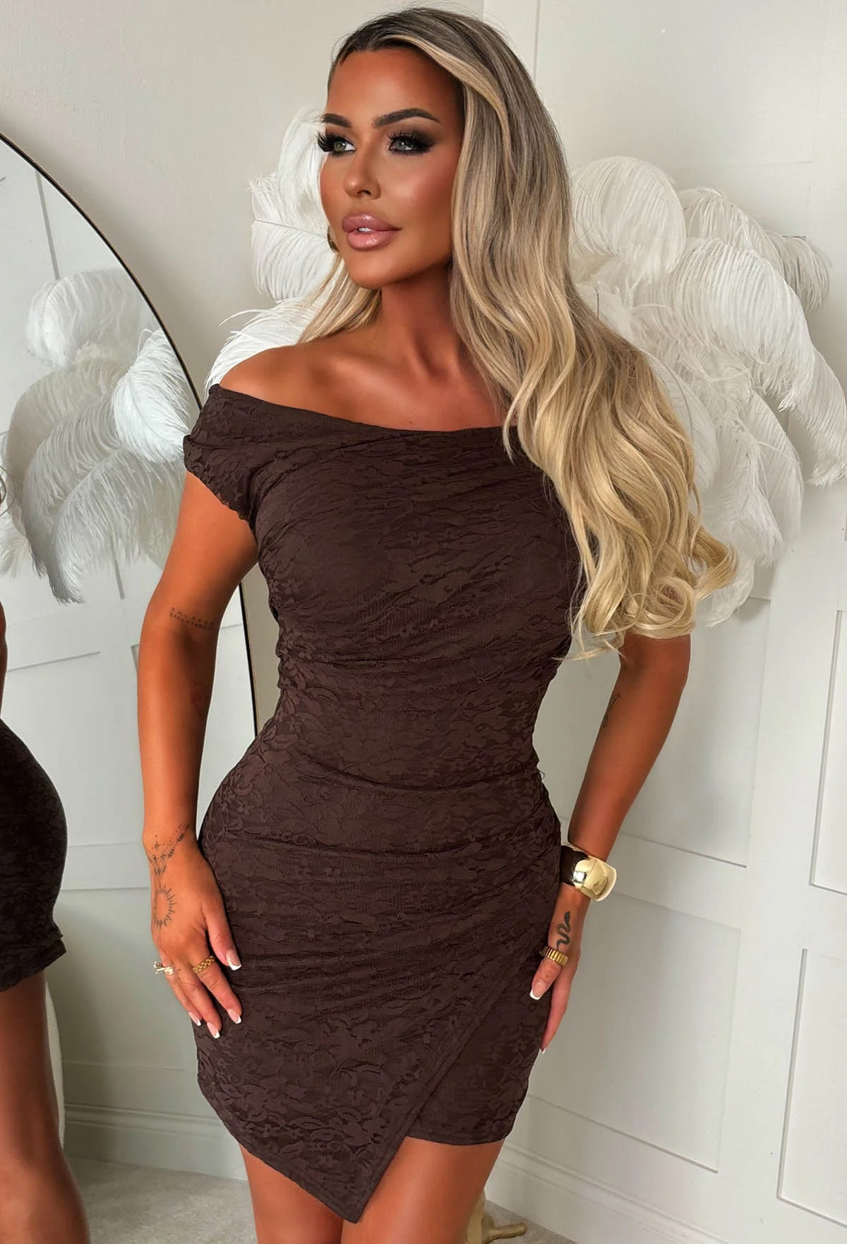 Little Cutie Chocolate Brown Lace Off Shoulder Ruched Dress