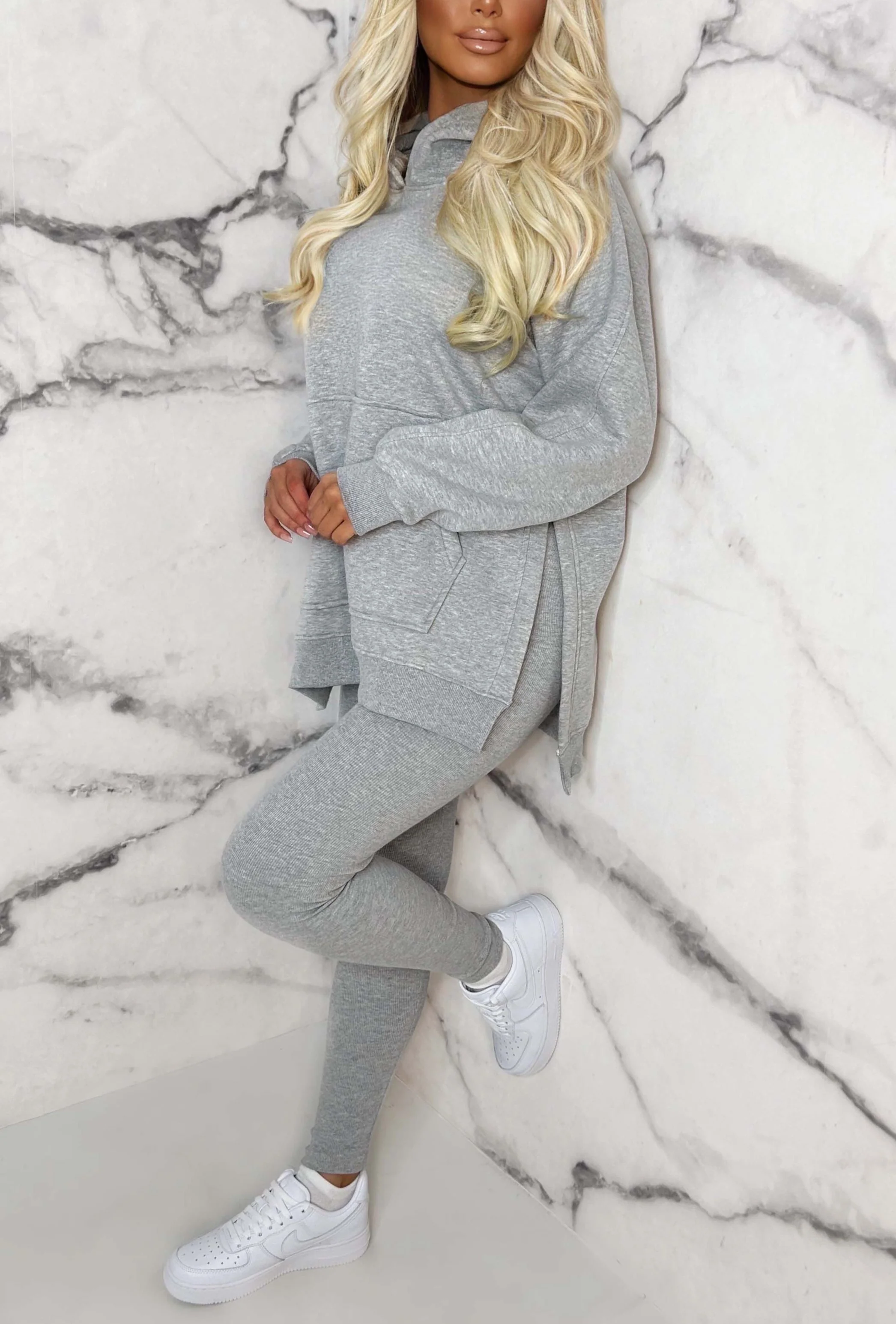 Living The Life Grey Marl Oversized Hoodie With Ribbed Legging Two Piece Loungewear Set - Image 5