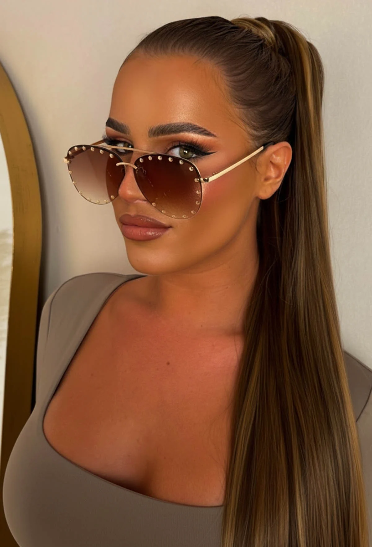 Looking Good Brown Studded Aviator Sunglasses