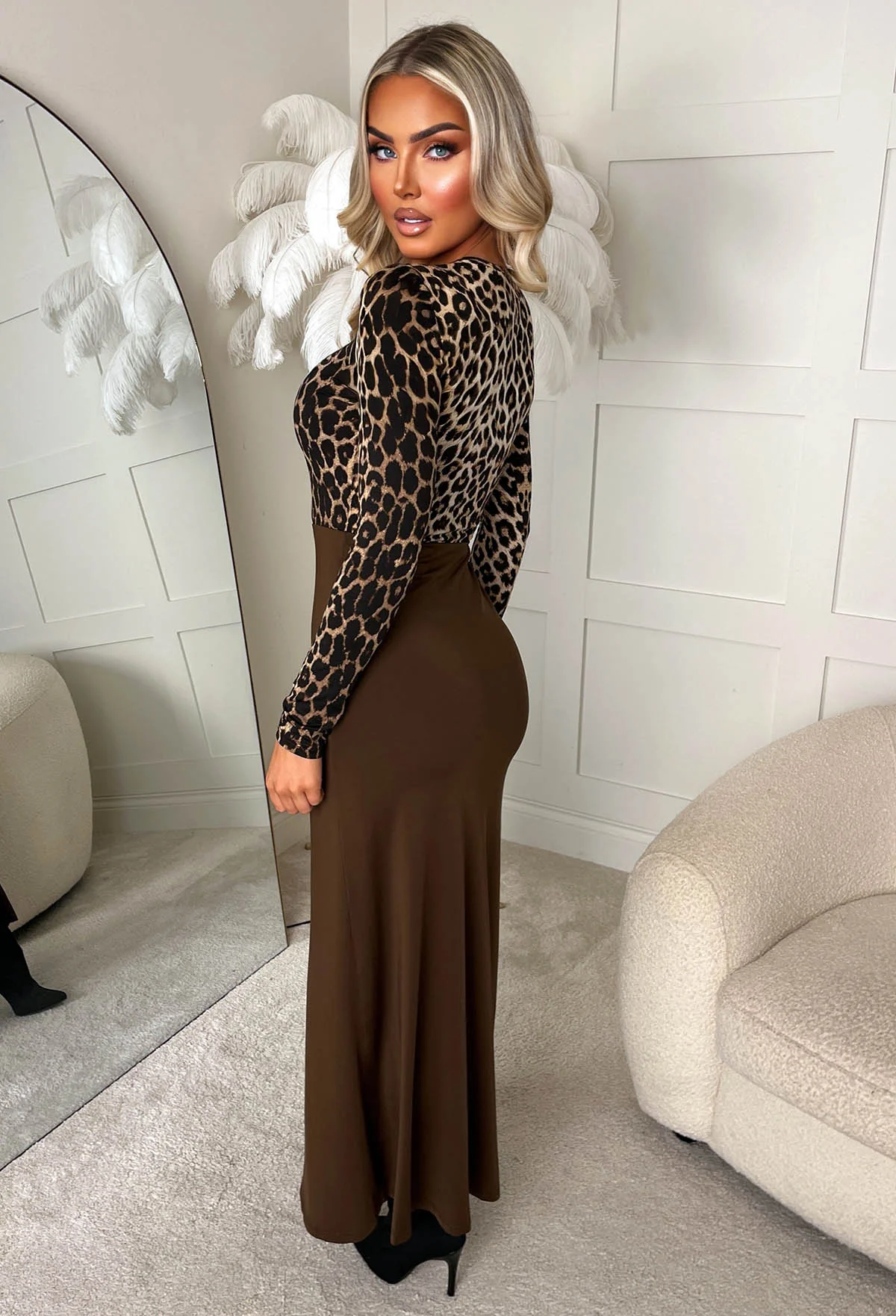Love On The Line Brown Leopard 2-in-1 Long Sleeve Stretch Midi Dress - Image 2