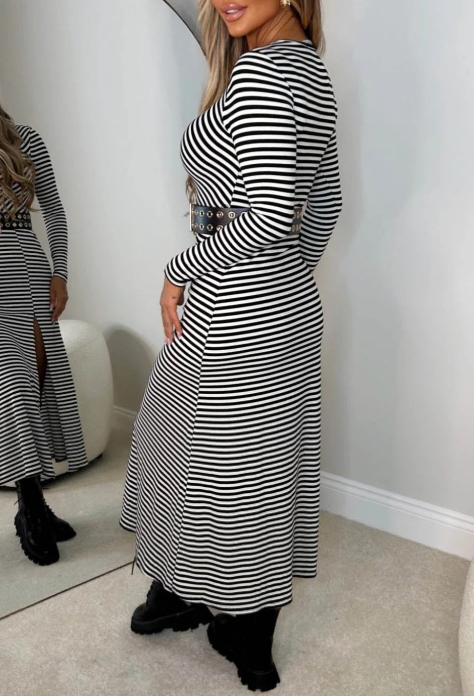 Love On The Line Monochrome Striped Long Sleeve Stretch Midi Dress - Image 2