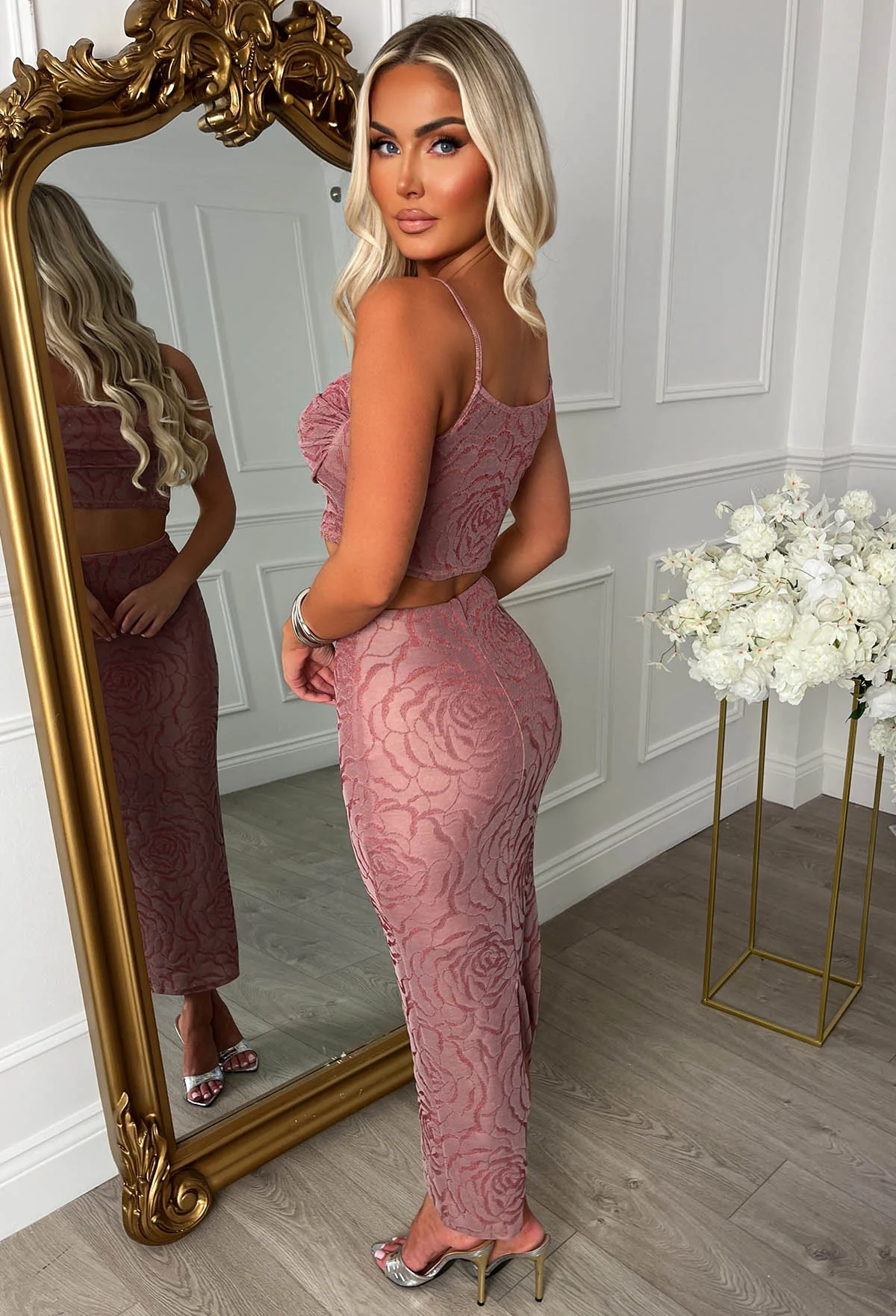 Love To Dream Pink Lurex Flower Pattern Midi Skirt Co-ord Set - Image 2