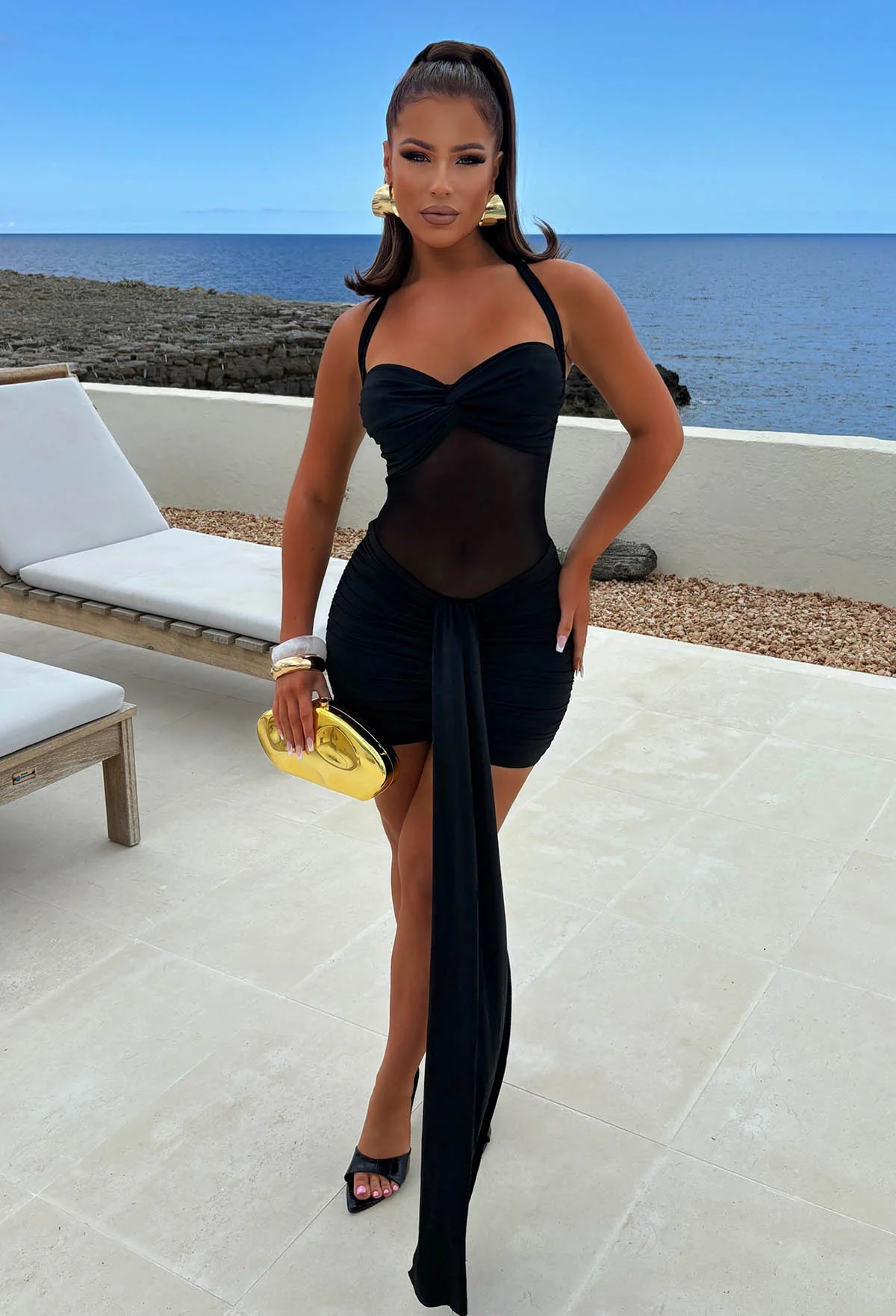Luxe Attraction Black Ruched Knot Detail Mesh Mini Dress