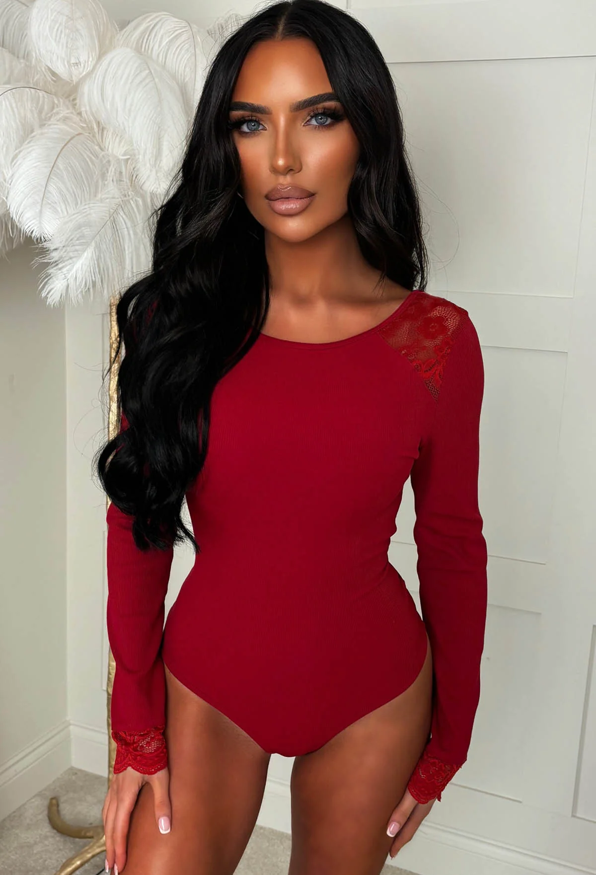 Luxe Doll Burgundy Lace Ribbed Bodysuit - Image 4