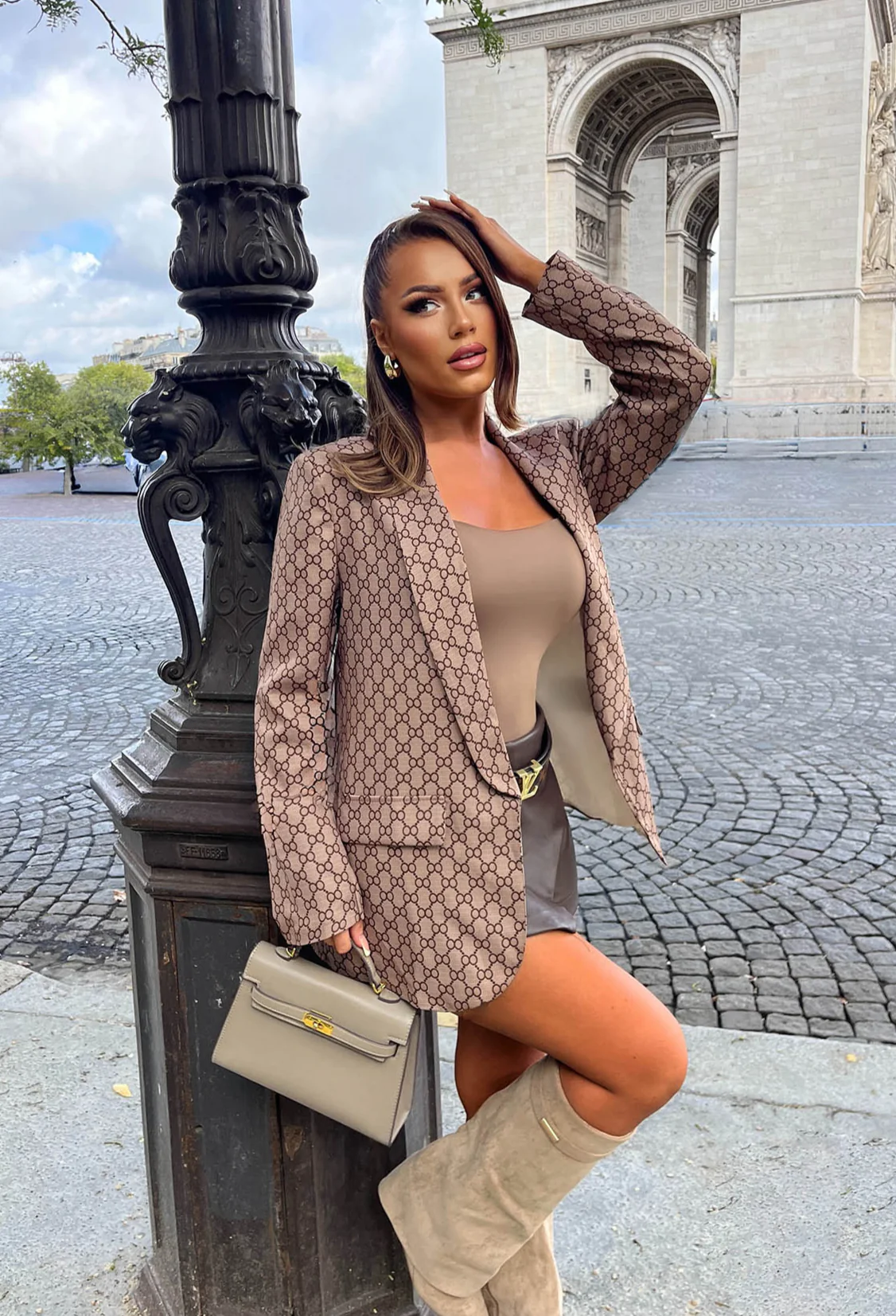 Luxe Energy Camel Monogram Printed Blazer