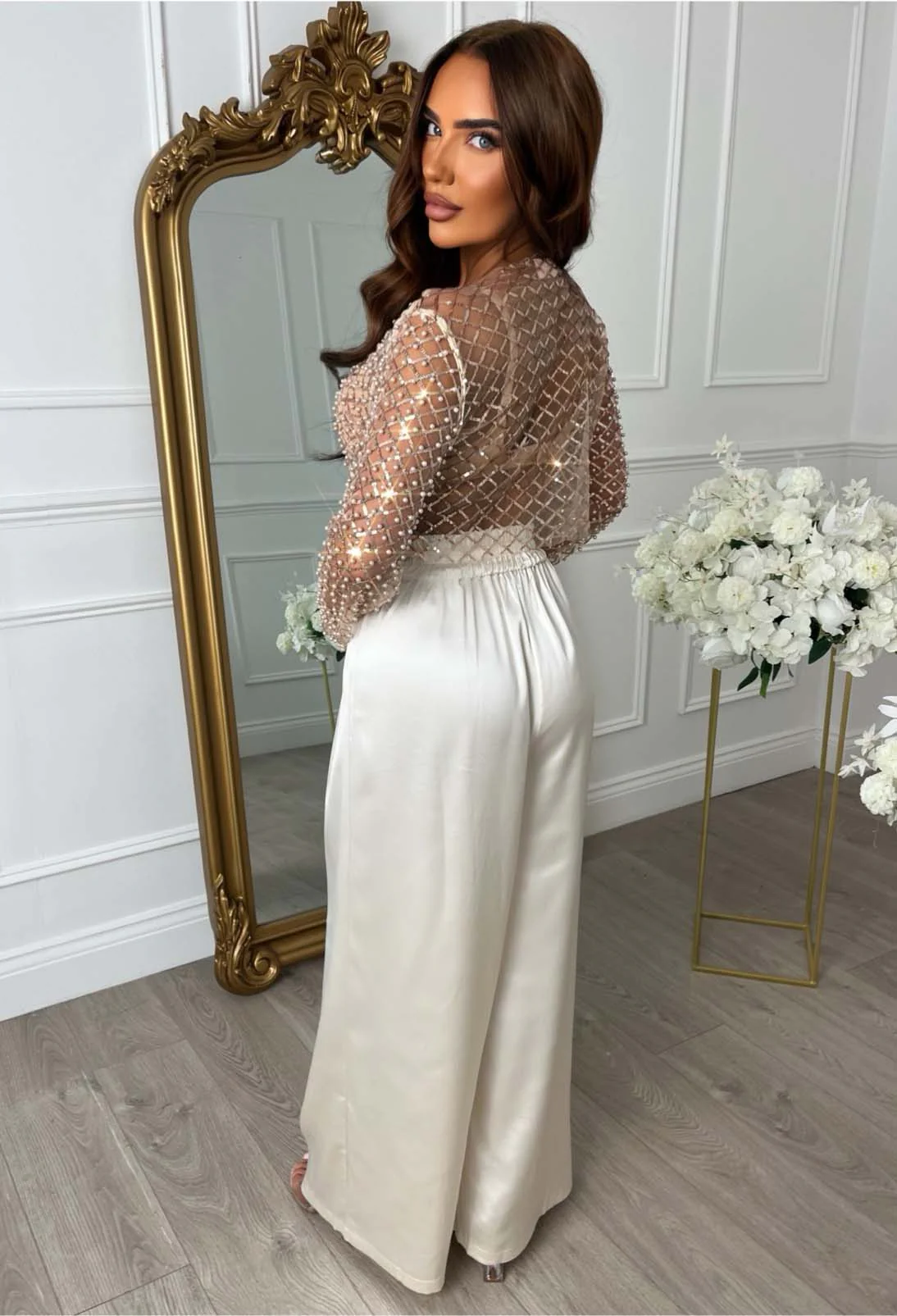 Luxe & Loud Champagne Stretch Satin Straight Leg Trousers - Image 2