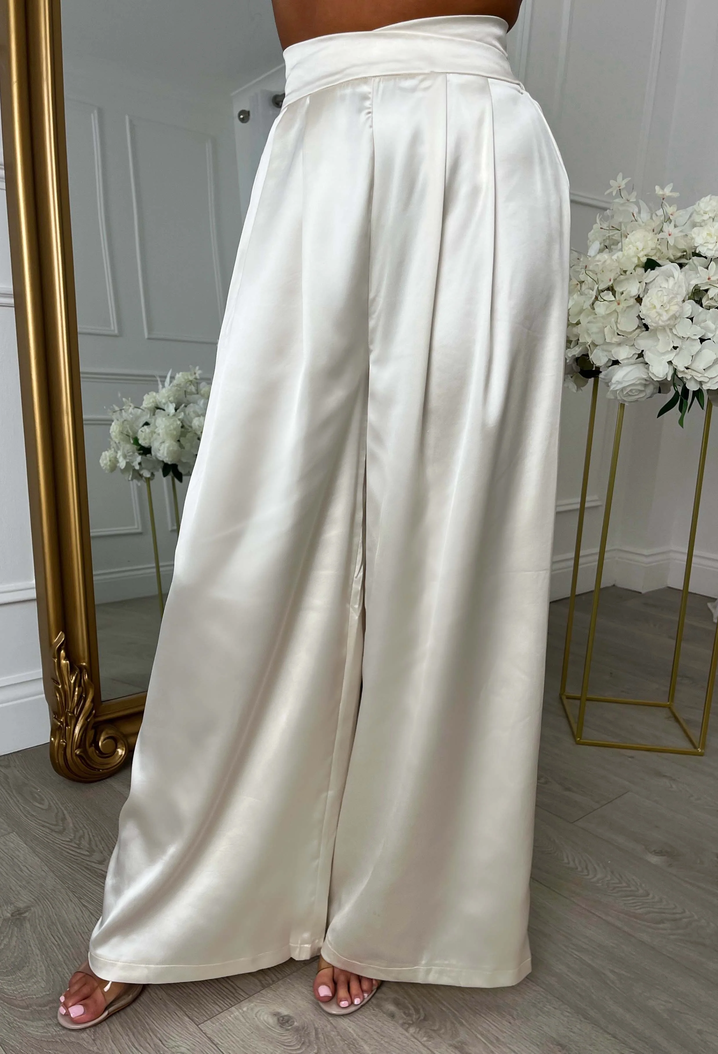 Luxe & Loud Champagne Stretch Satin Straight Leg Trousers - Image 3
