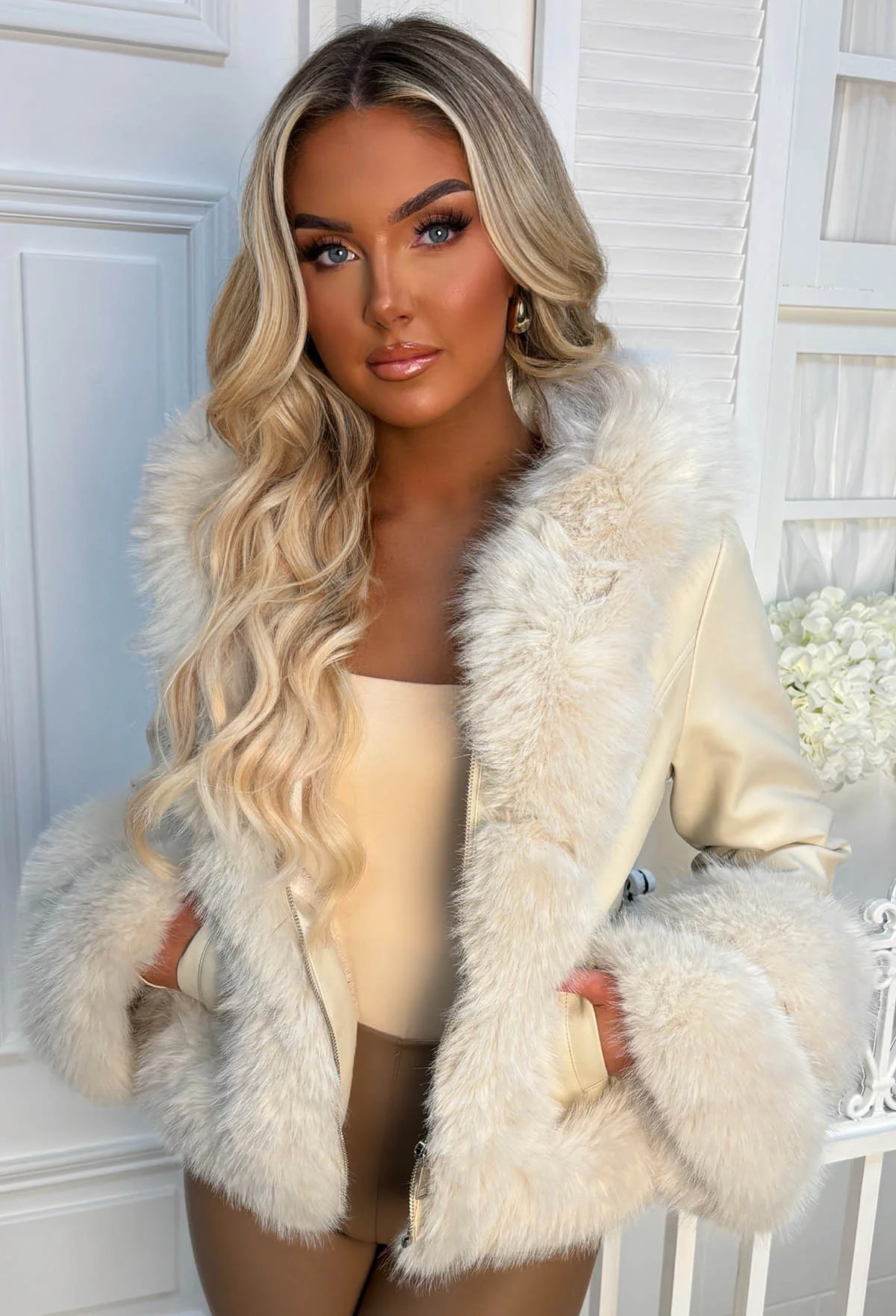 Luxury Escape Beige Faux Leather Hooded Skater Belted Coat - Image 4