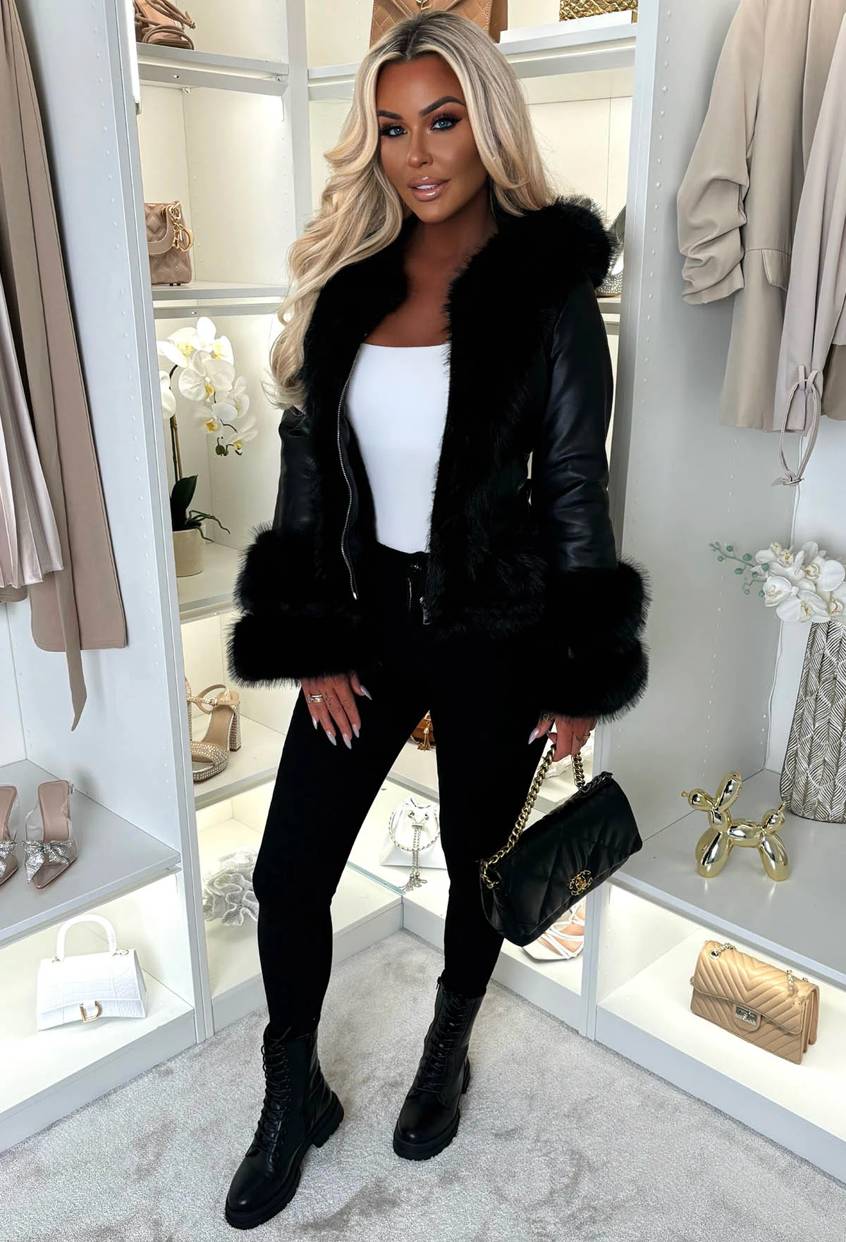 Luxury Escape Black Faux Leather Hooded Skater Belted Coat - Image 2