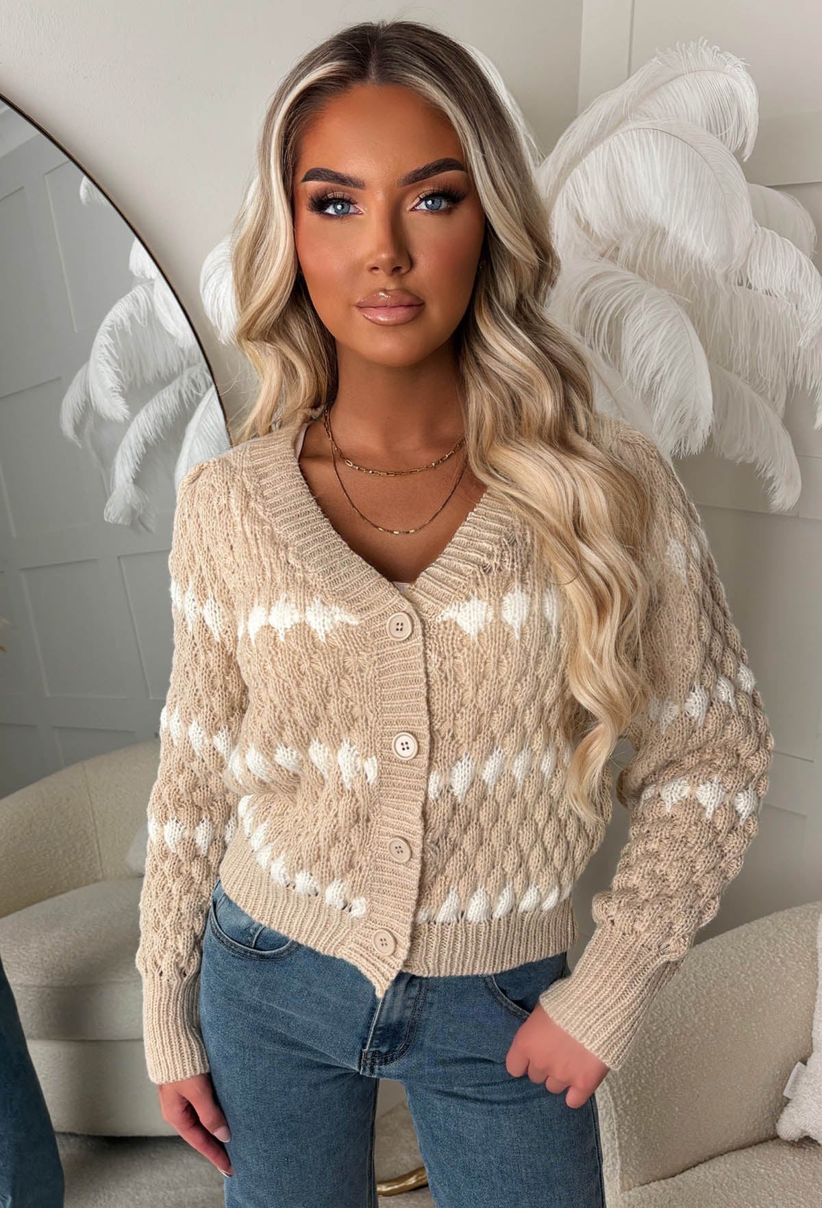 Madam Beauty Beige Contrast Cardigan - Image 2