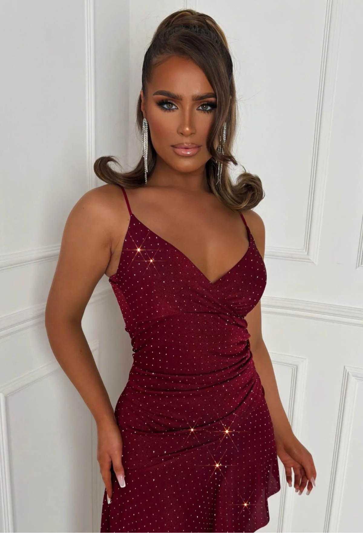 Mary-Lou Burgundy Diamante Strappy Mini Dress - Image 3