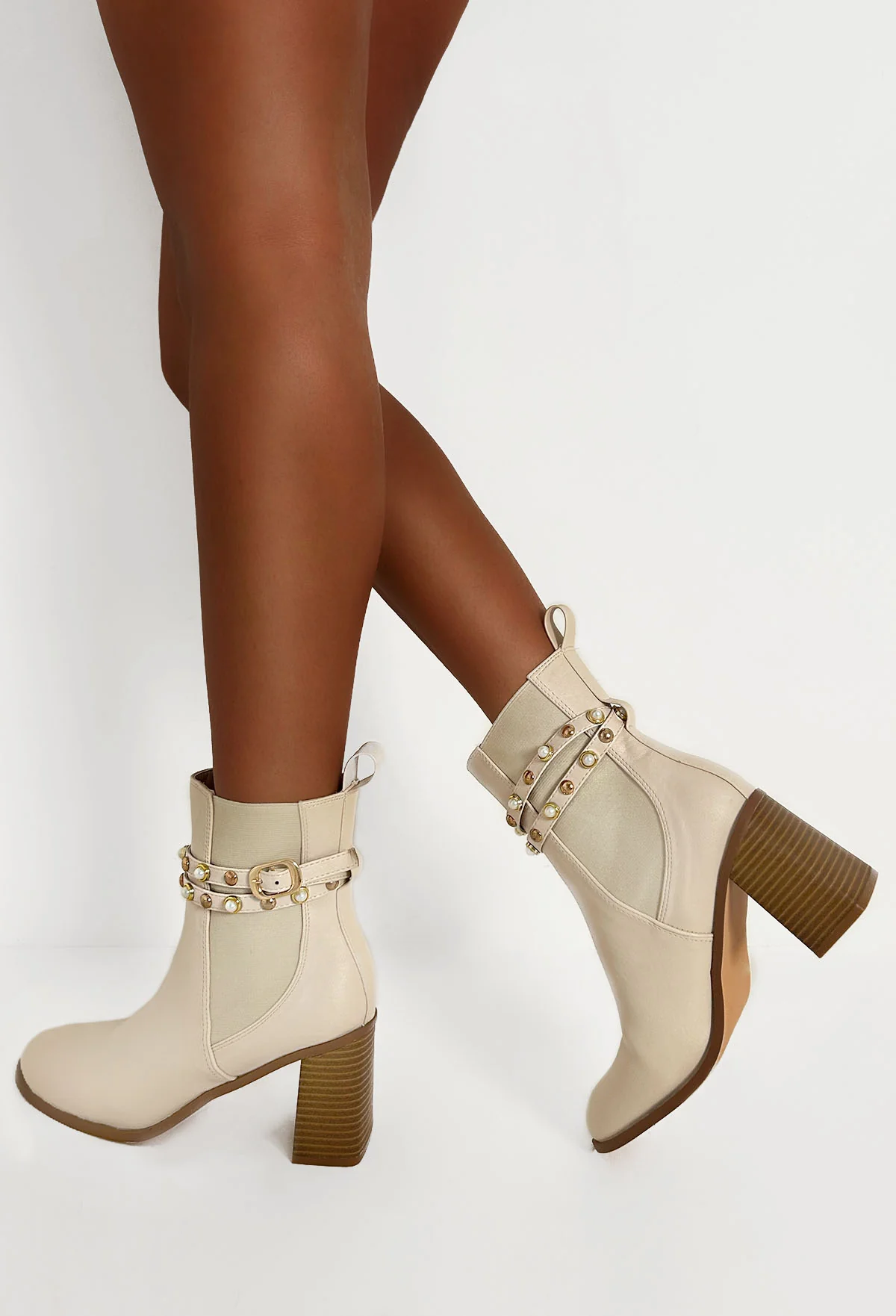 Match Your Words Cream Embellished Block Heel Boot - Image 2