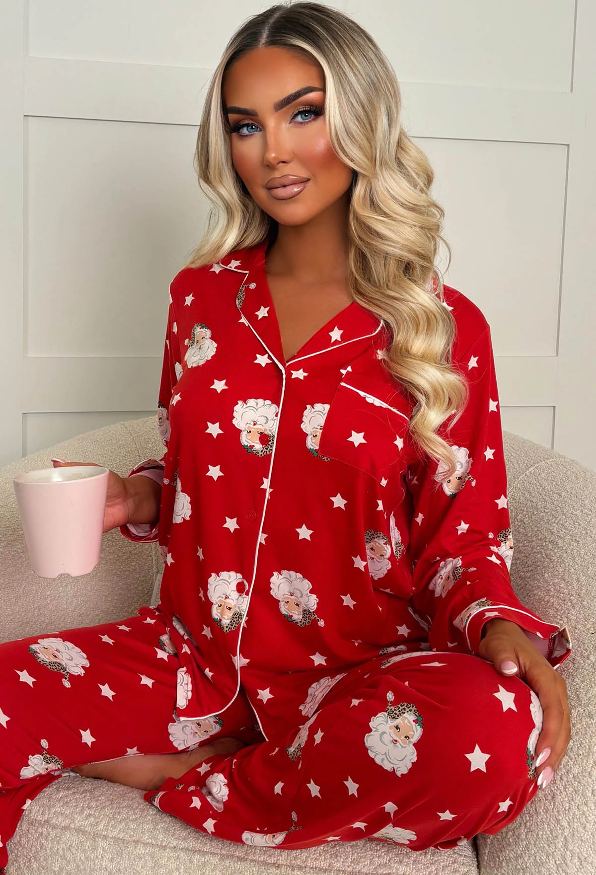 Mistletoe Mood Wine Leopard Santa Button Shirt And Long Pant Pyjama Set - Image 3