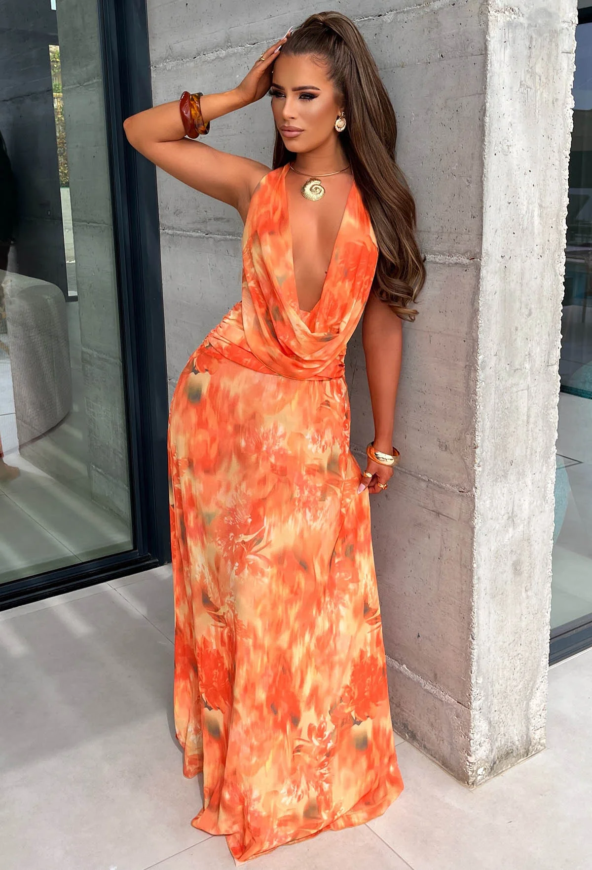 Mojito Muse Orange Floral Mesh Halterneck Maxi Dress - Image 6