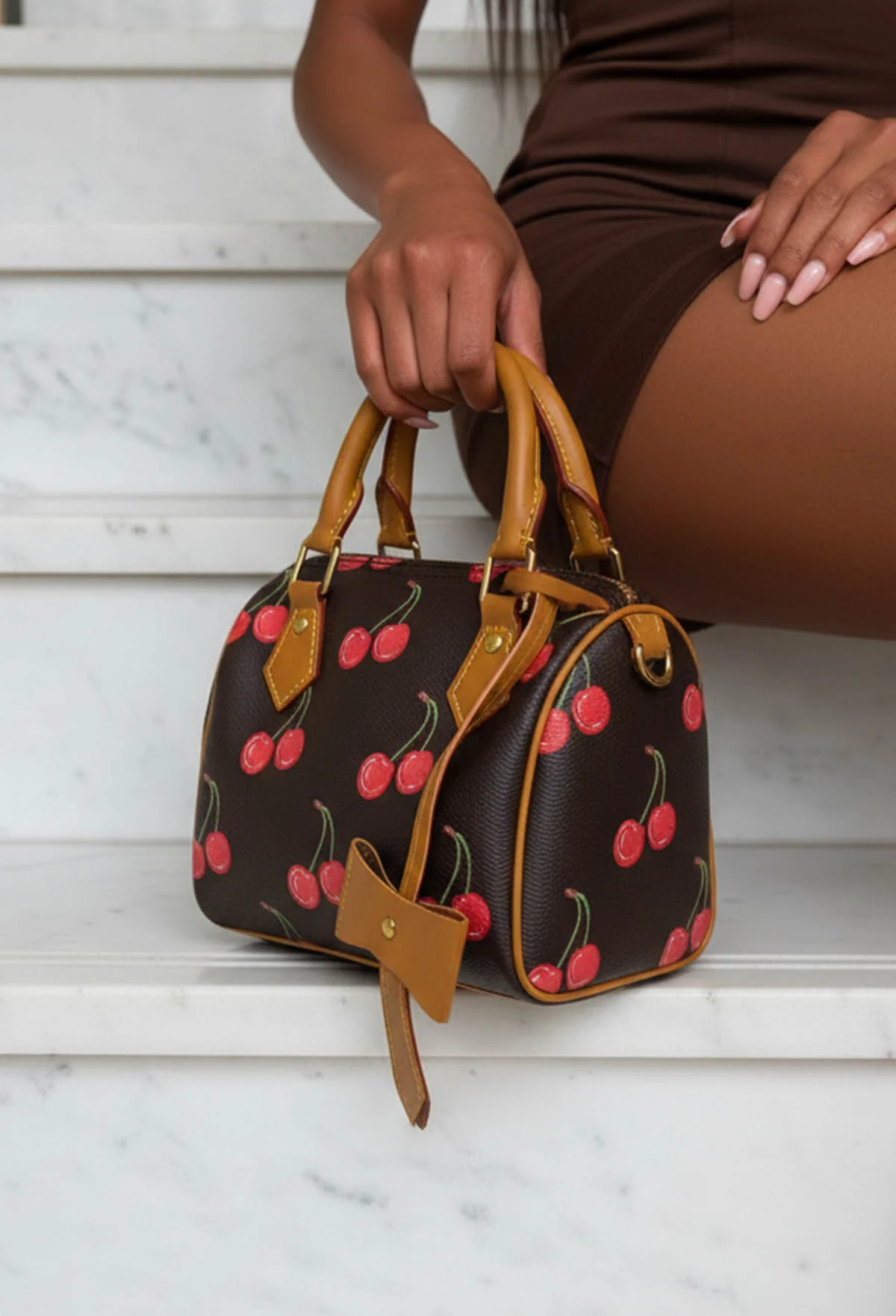 Mon Cherie Brown Printed Top Handle Bag - Image 2