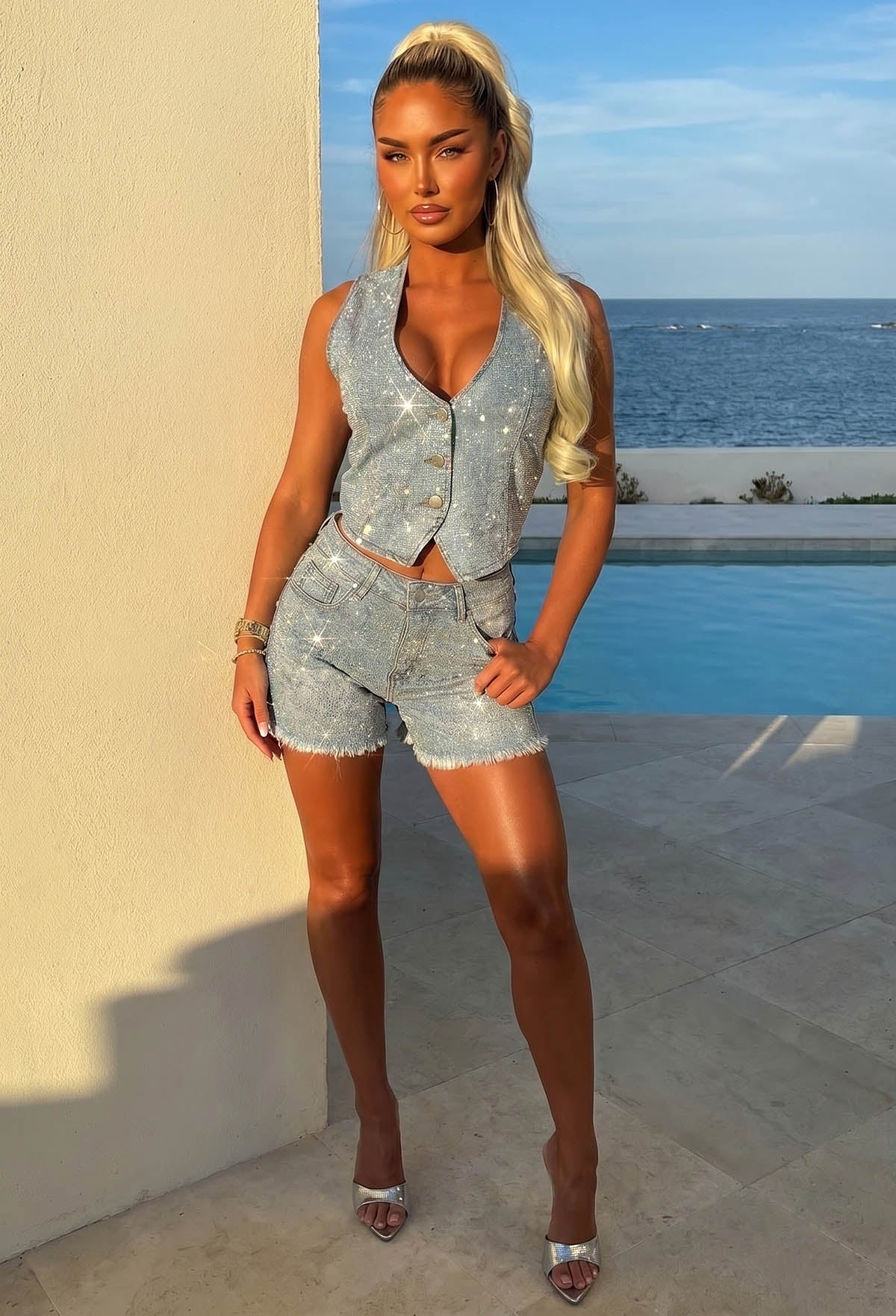 Monica Mid Blue Stretch Denim Hotfix Waistcoat - Image 2