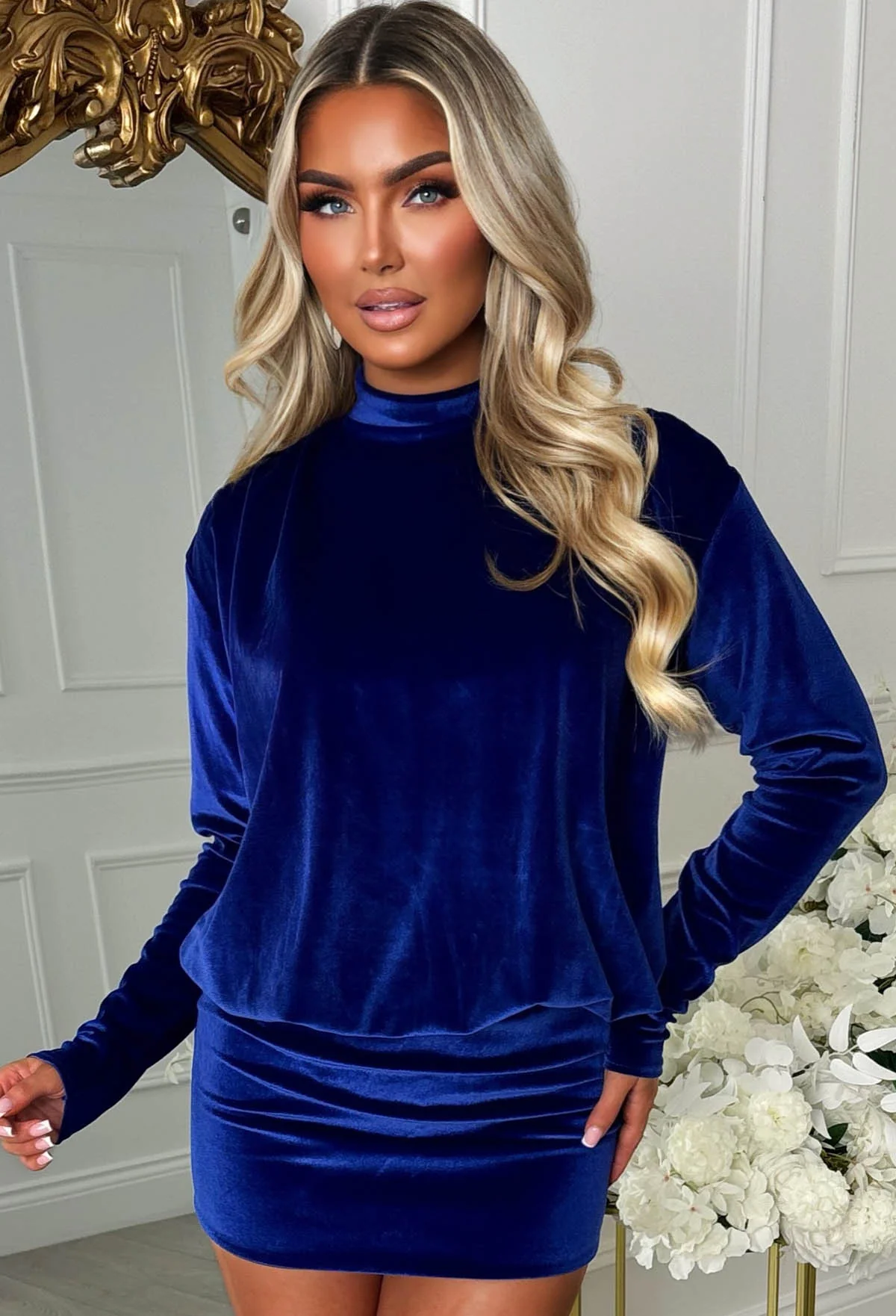 Moonbeam Maiden Cobalt High Neck Long Sleeve Velvet Mini Dress - Image 3