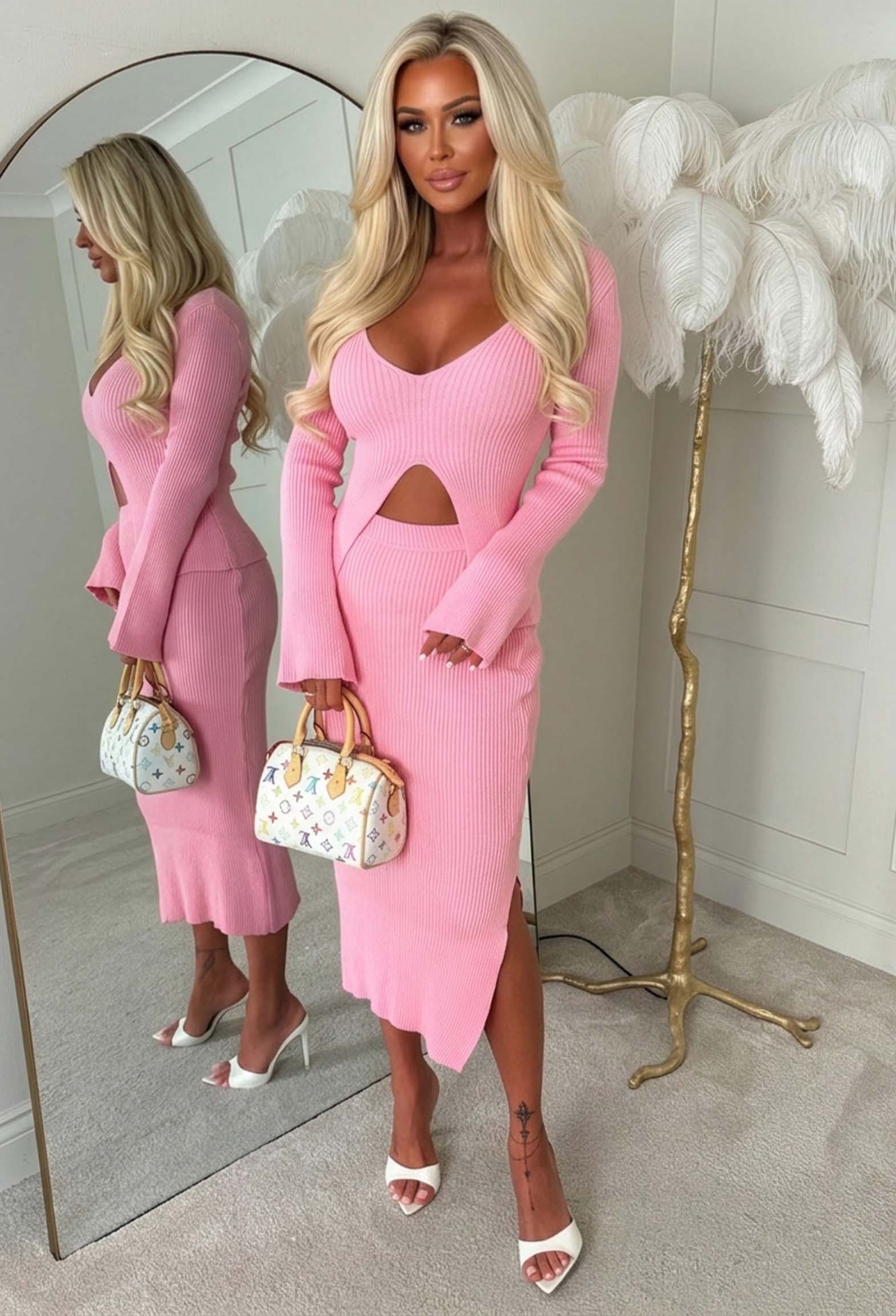 Moving On Light Pink Knitted Rib Split Front Top - Image 3