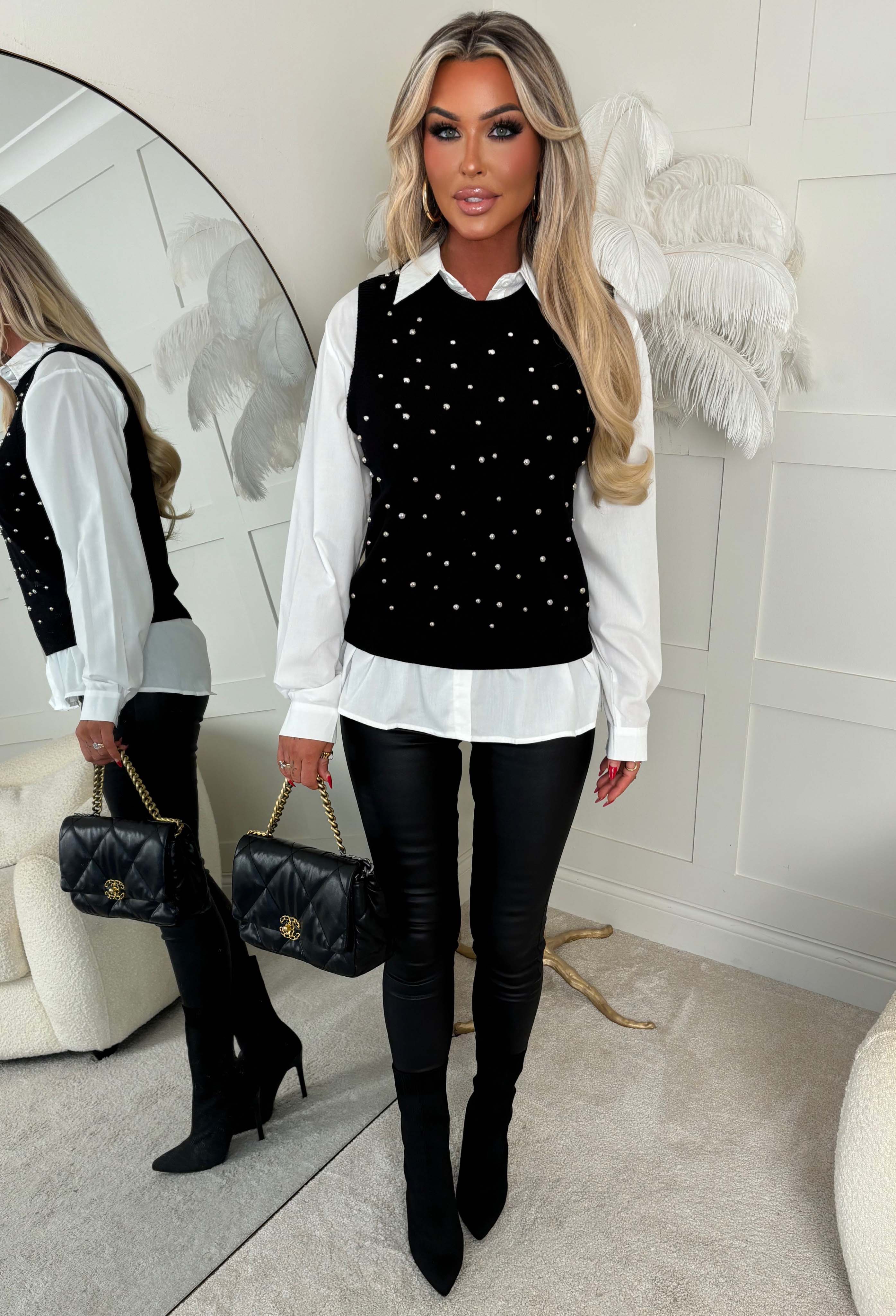 My Desire Black 2 In 1 Embellished Jumper With Shirt - Image 4