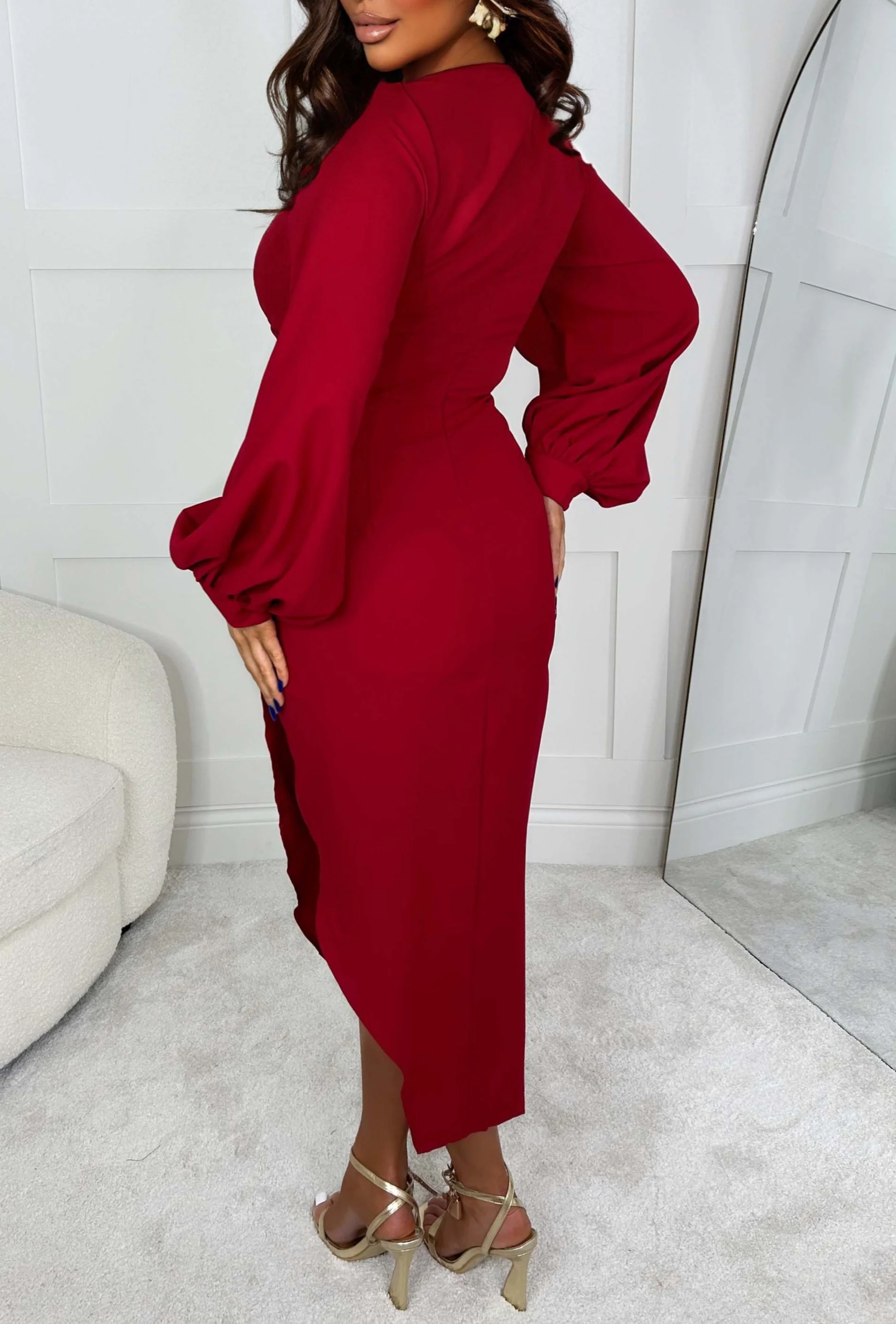 My Moment Red Long Sleeve Ruched Detail Midi Dress - Image 2