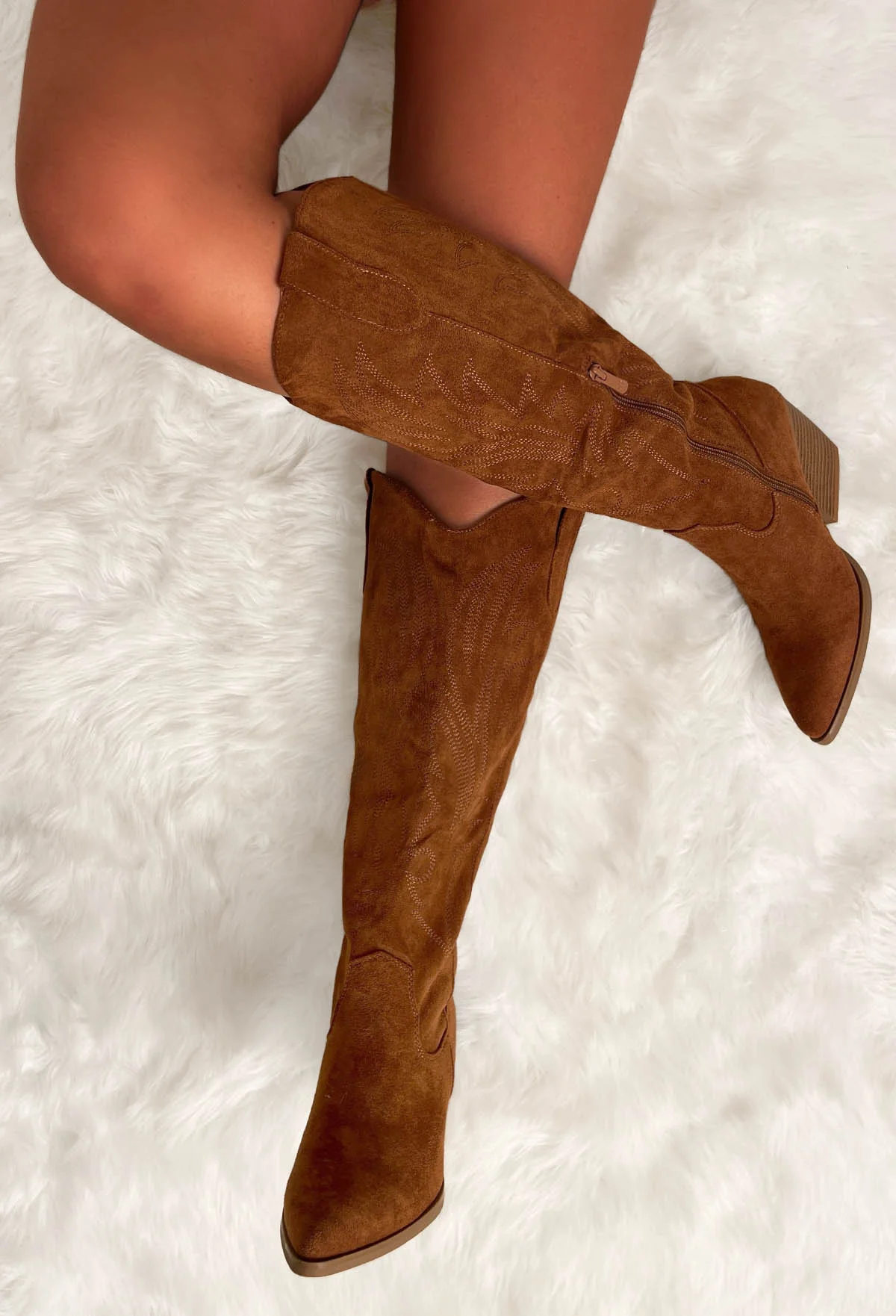 My Queen Tan Faux Suede Knee High Cowboy Boots - Image 2