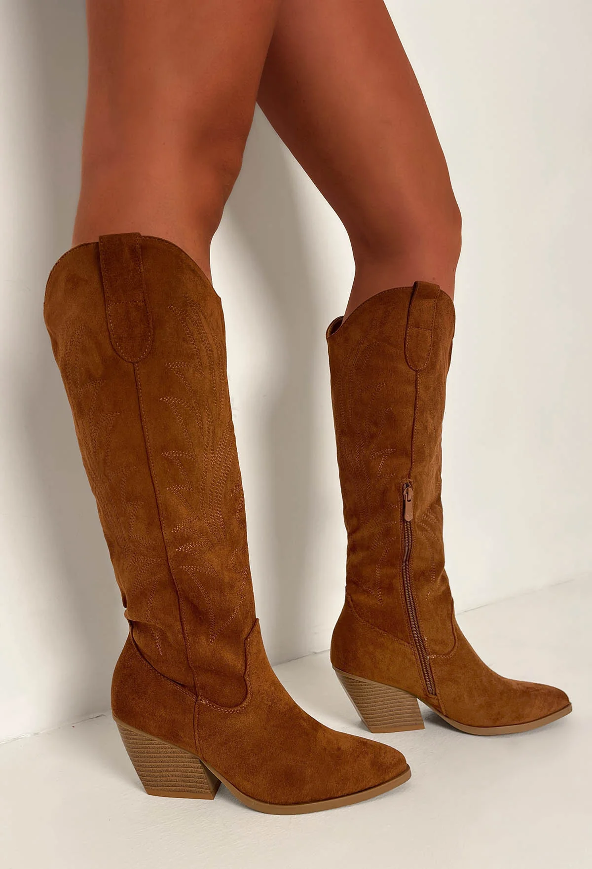 My Queen Tan Faux Suede Knee High Cowboy Boots - Image 3