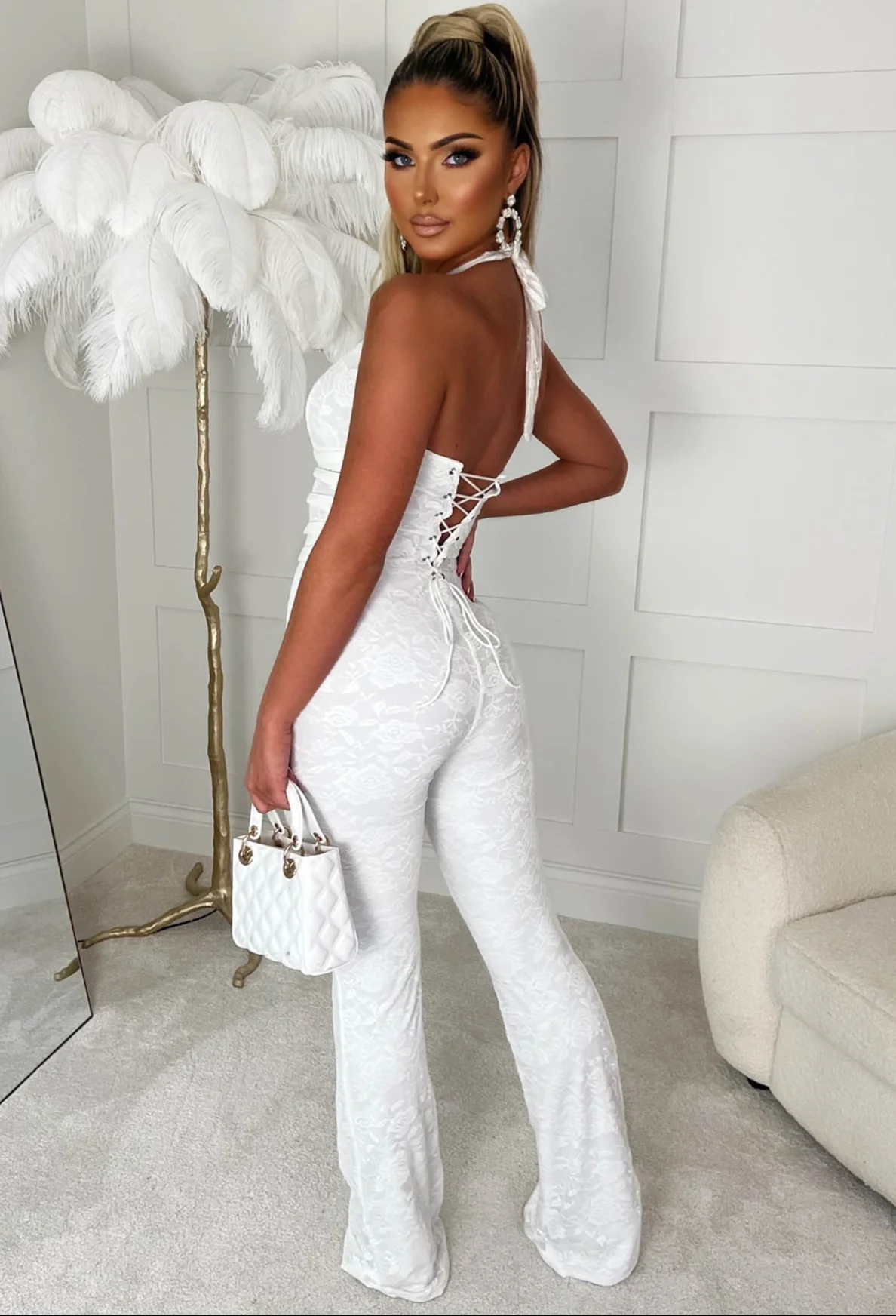 Mystic White Lace Halterneck Flared Tie Up Stretch Jumpsuit - Image 2