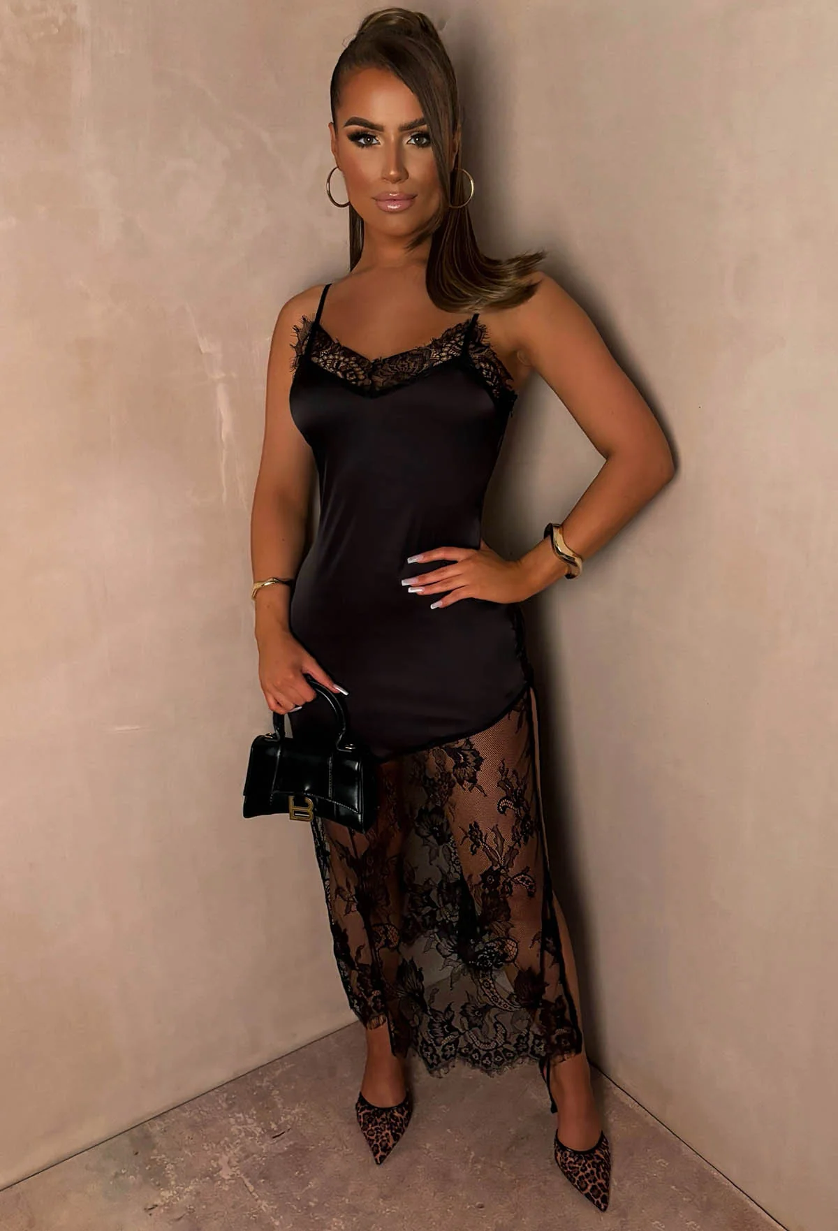 Nadine Black Lace Skirt Satin Cami Dress - Image 3